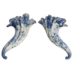 Antique Early Dutch Delft Pottery Cornucopia Form Wall Pockets, 18th Century