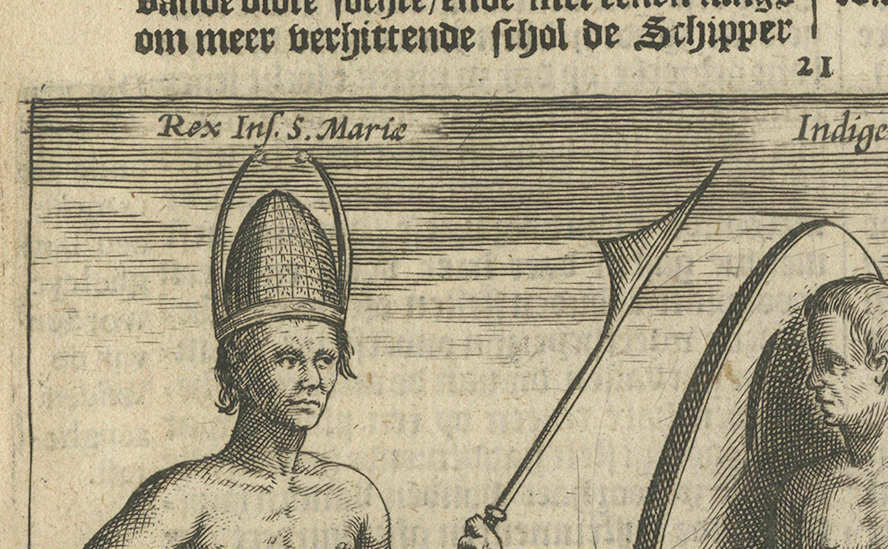 17ème siècle Gravure hollandaise ancienne de peuples indigènes, tirée de Pontanus' Amsterdam, 1611 en vente