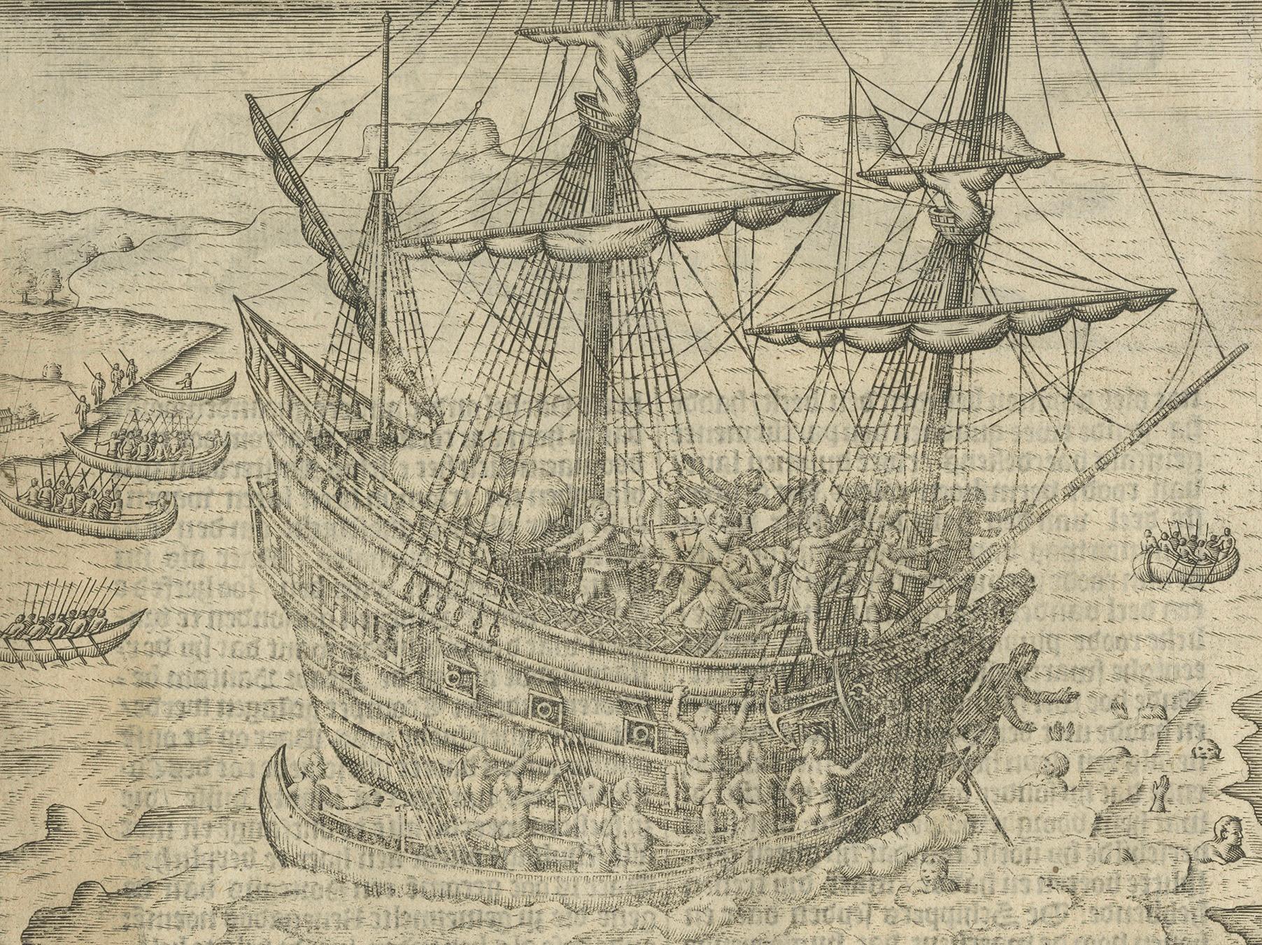 Titre : Scène d'exploration hollandaise avec faune exotique et rencontre navale, Pontanus 1611

Cette gravure originale de 1611, tirée de l'ouvrage de Johannes Isacius Pontanus, Rerum et urbis Amstelodamensium historia (Histoire d'Amsterdam),