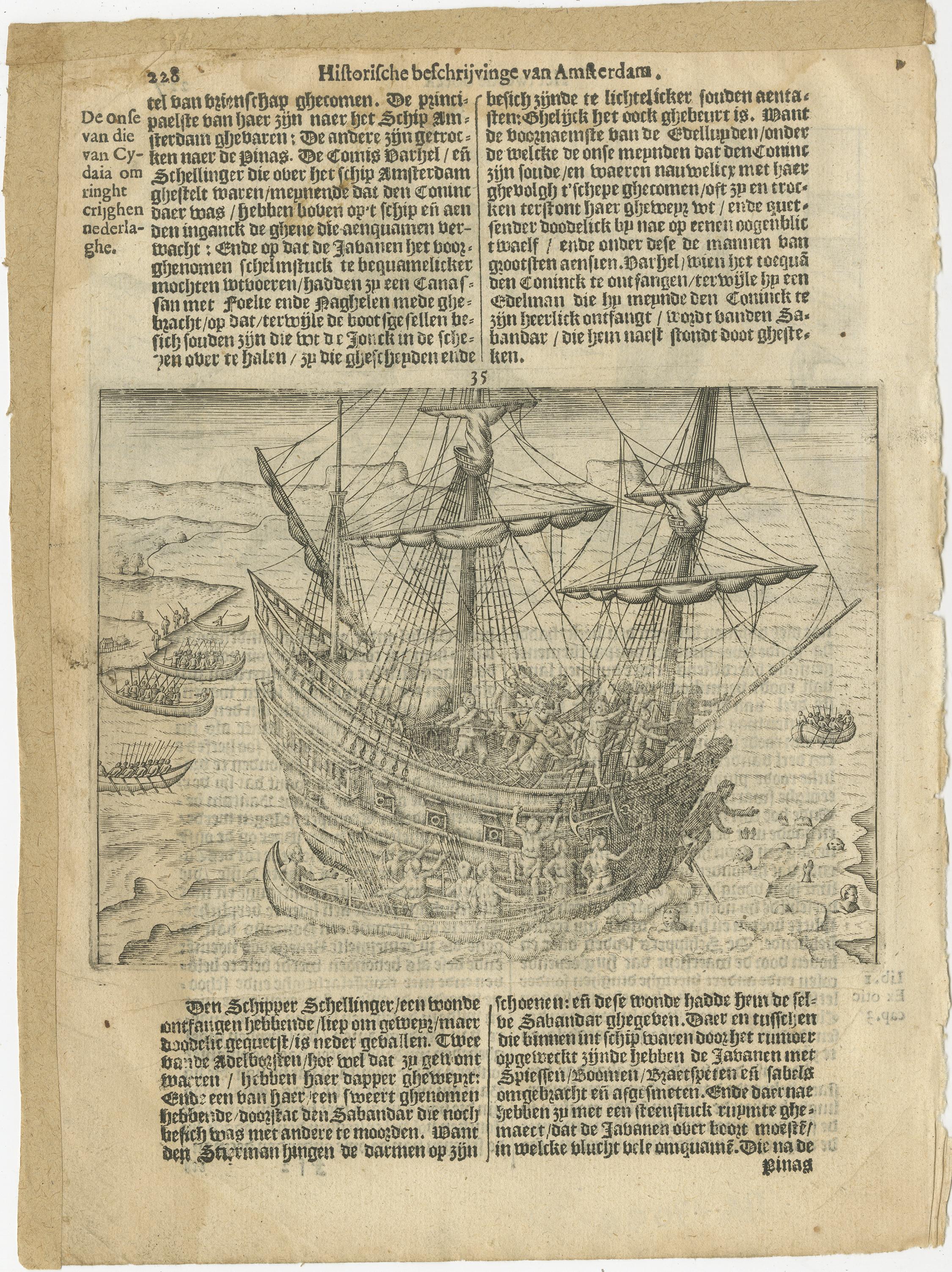 Gravé Scène d'exploration hollandaise précoce avec faune exotique et rencontre navale, 1611 en vente