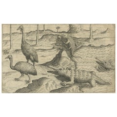 Antique Early Dutch Exploration Scene with Exotic Wildlife and Naval Encounter, 1611