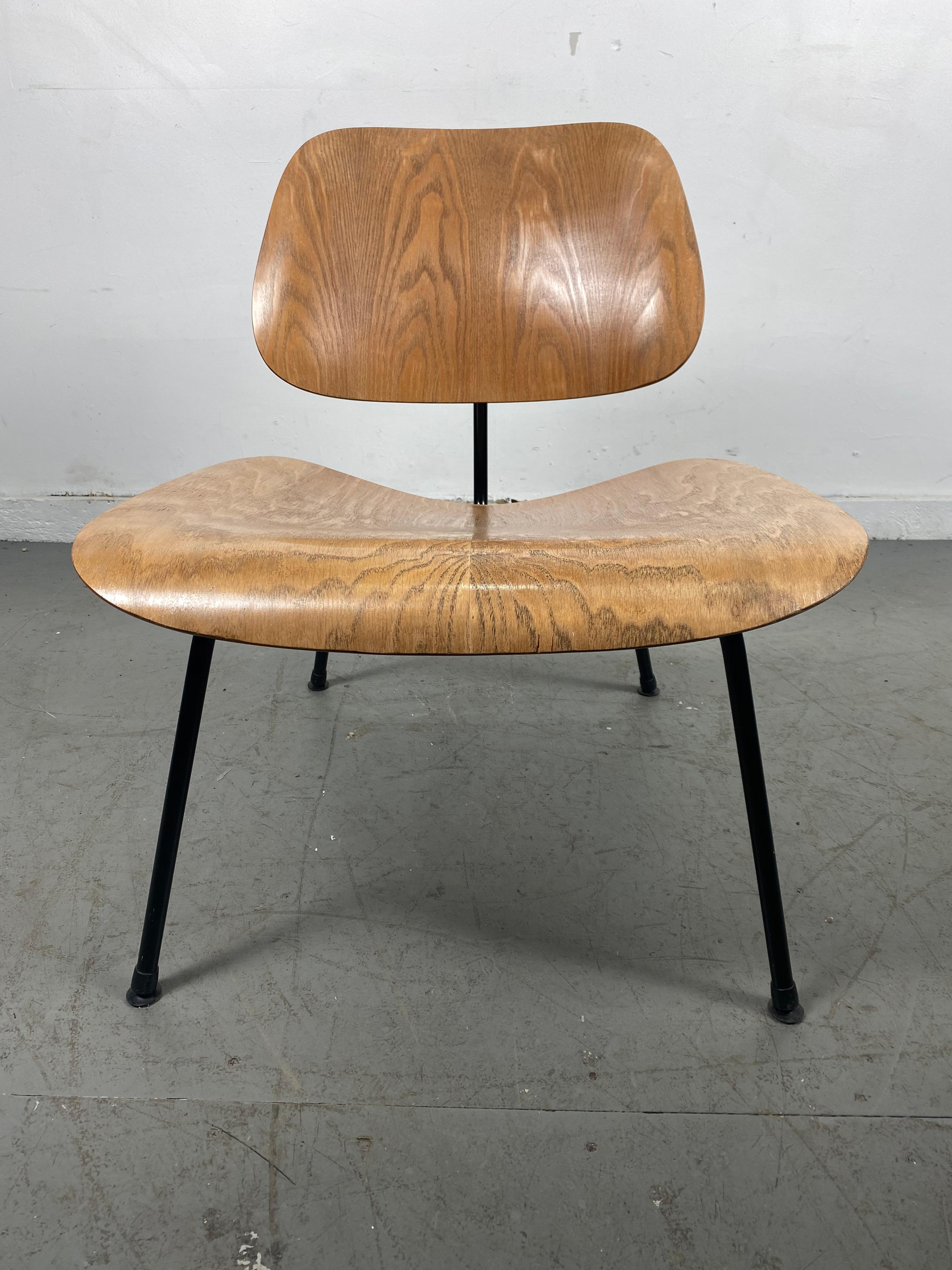 Chaise longue Eames LCM, Herman Miller, USA, années 1950, frêne avec base noire, magnifique exemple, belle finition d'origine, patine, conserve l'impression LCM sous l'assise en chips, Sculpture fonctionnelle classique, art.