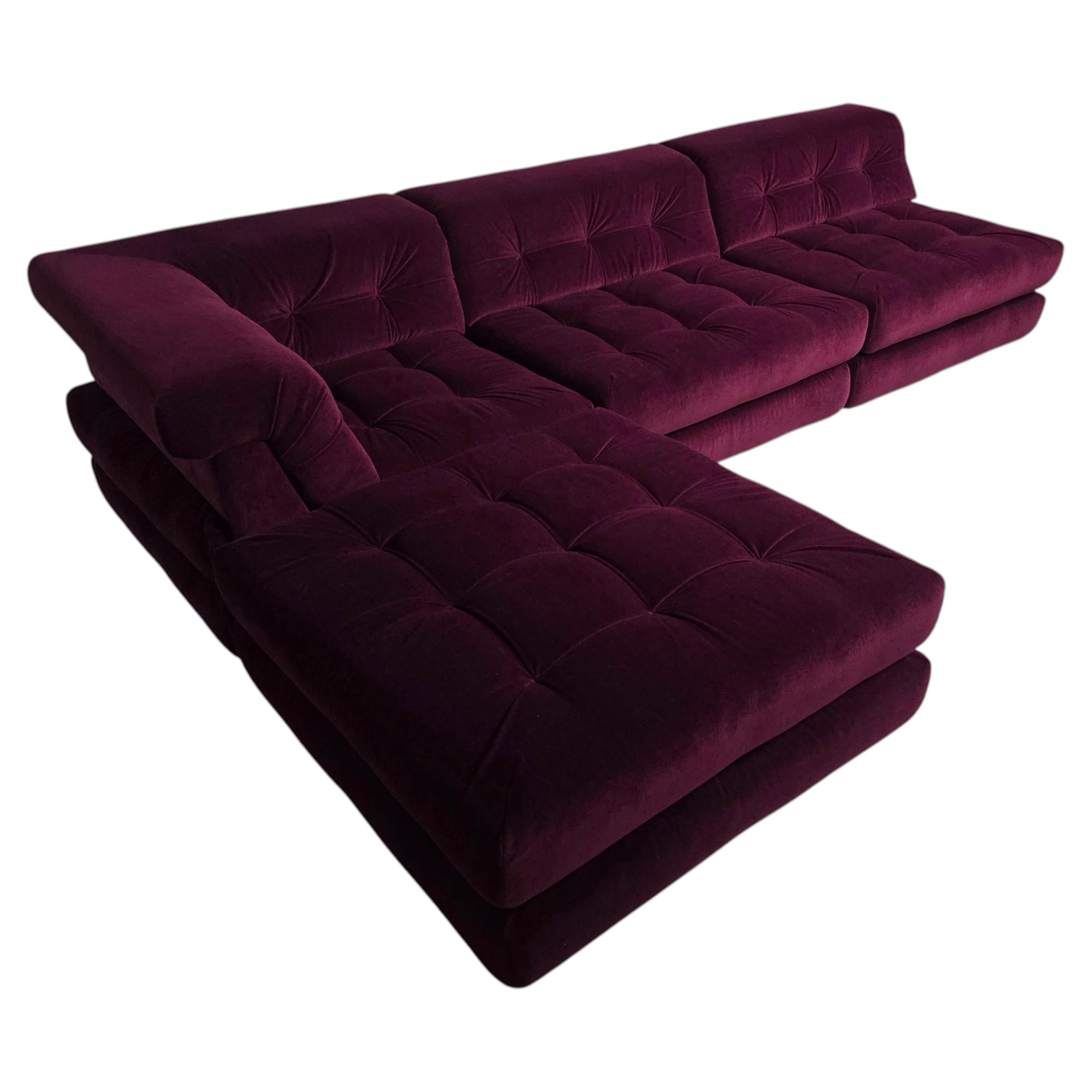 Early edition Mah Jong sofa in eggplant cotton velvet by Roche Bobois, 1970s