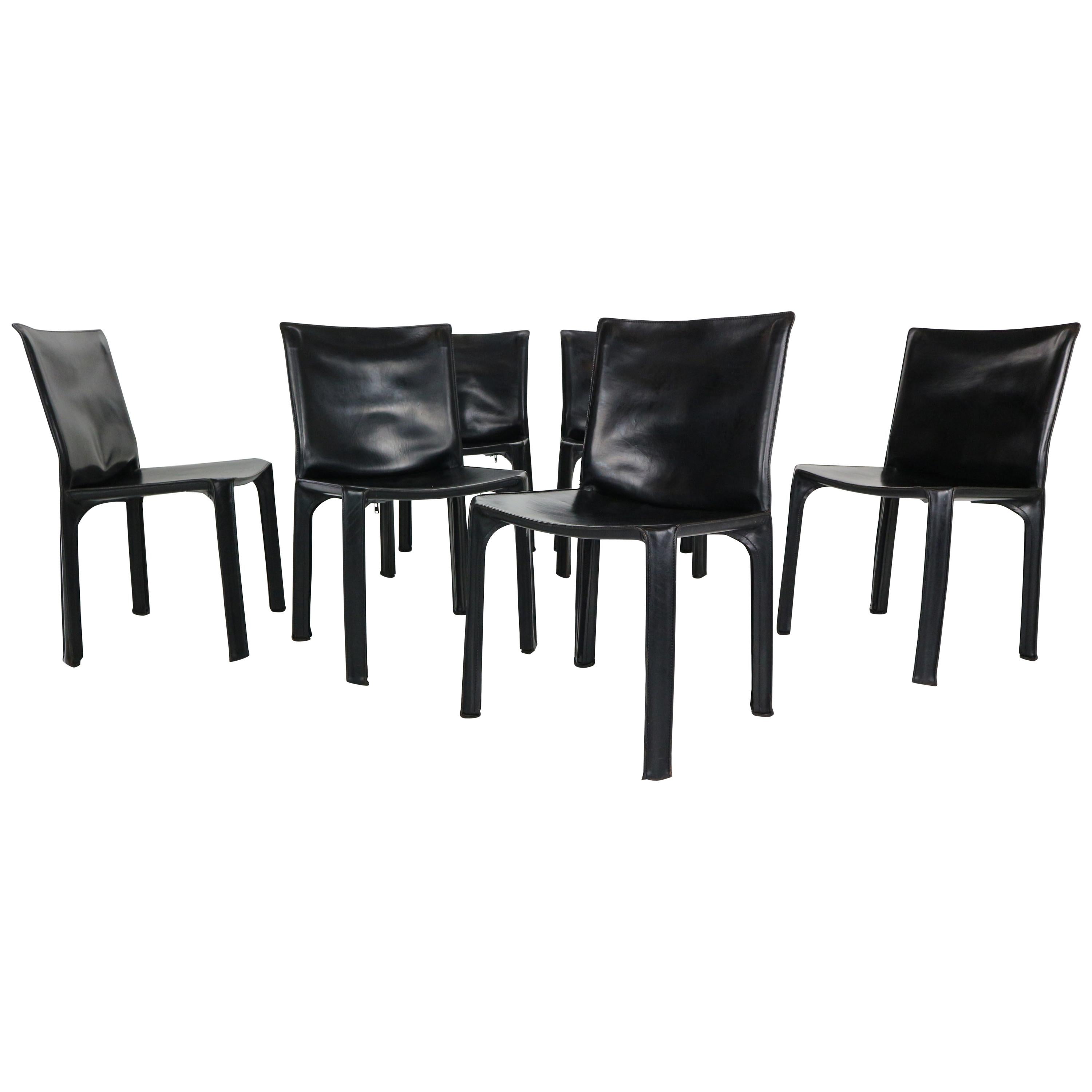 Early Edition Mario Bellini "Cab-412" Set of 6 Leather Chairs for Cassina, 1970