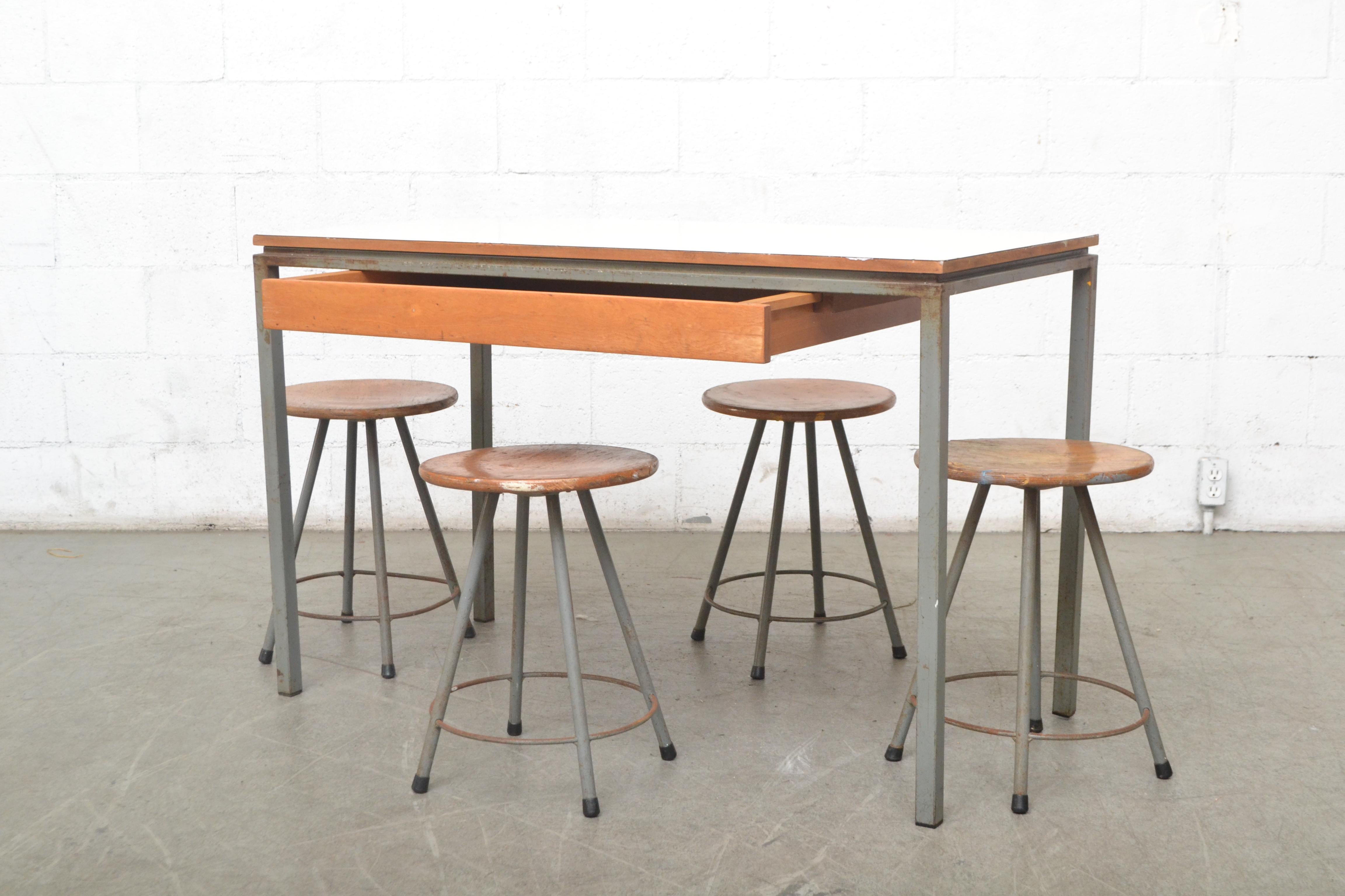 Mid-Century Modern Early Edition Marko Industrial Metal Table and Stool Set