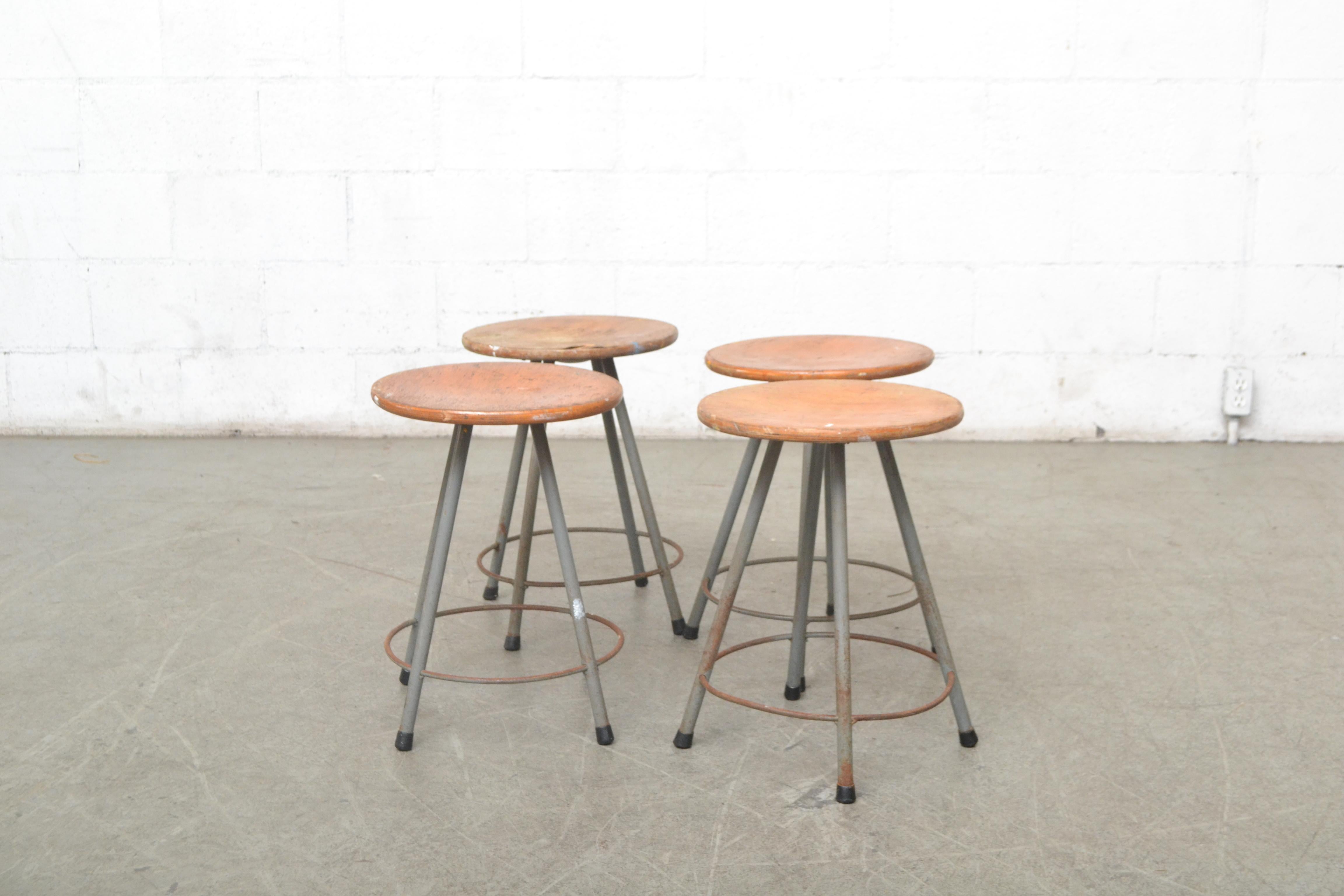 Mid-20th Century Early Edition Marko Industrial Metal Table and Stool Set