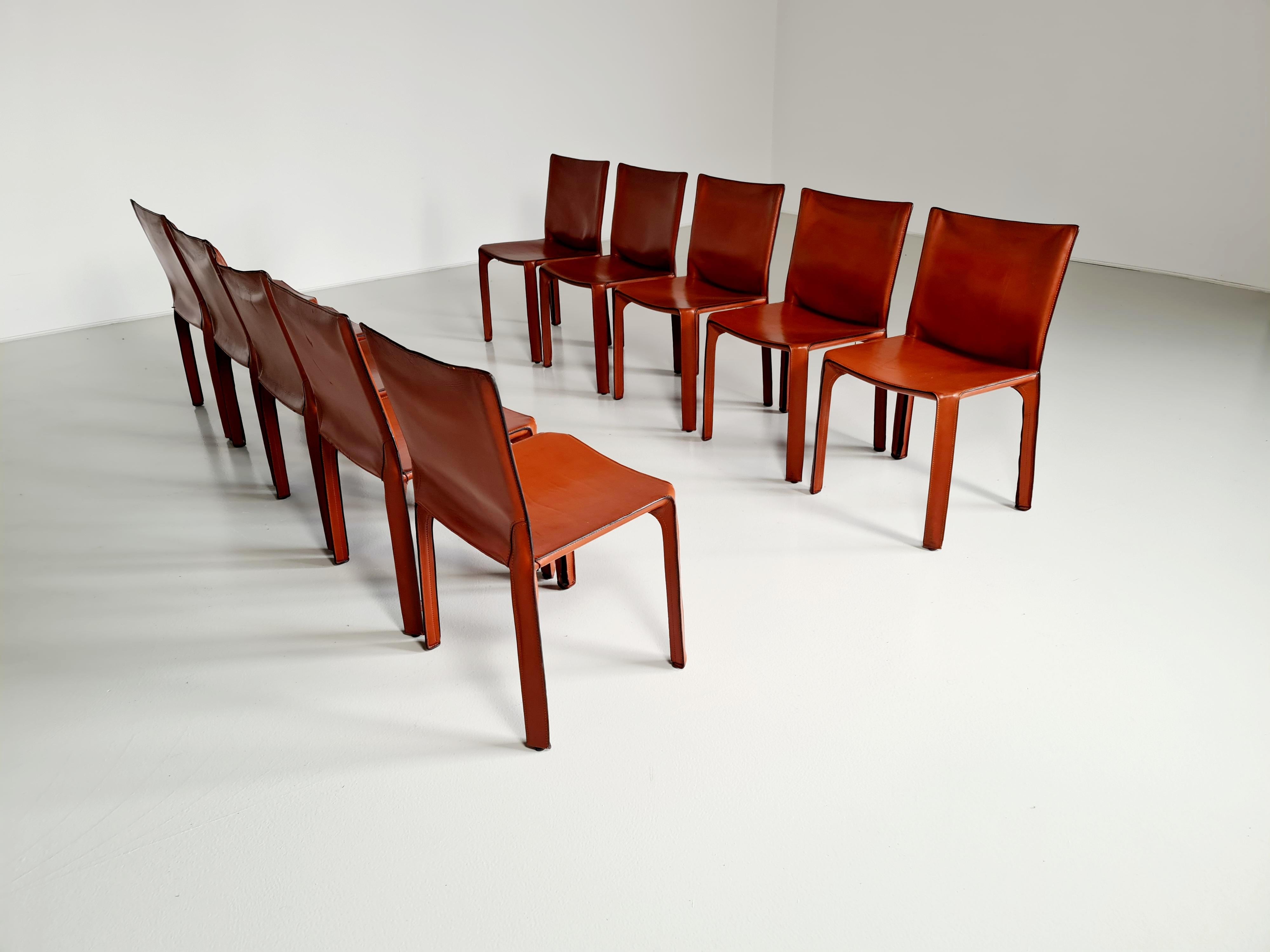 Early Edition Set of 10 CAB 412 Chairs by Mario Bellini for Cassina, 1970 In Good Condition In amstelveen, NL