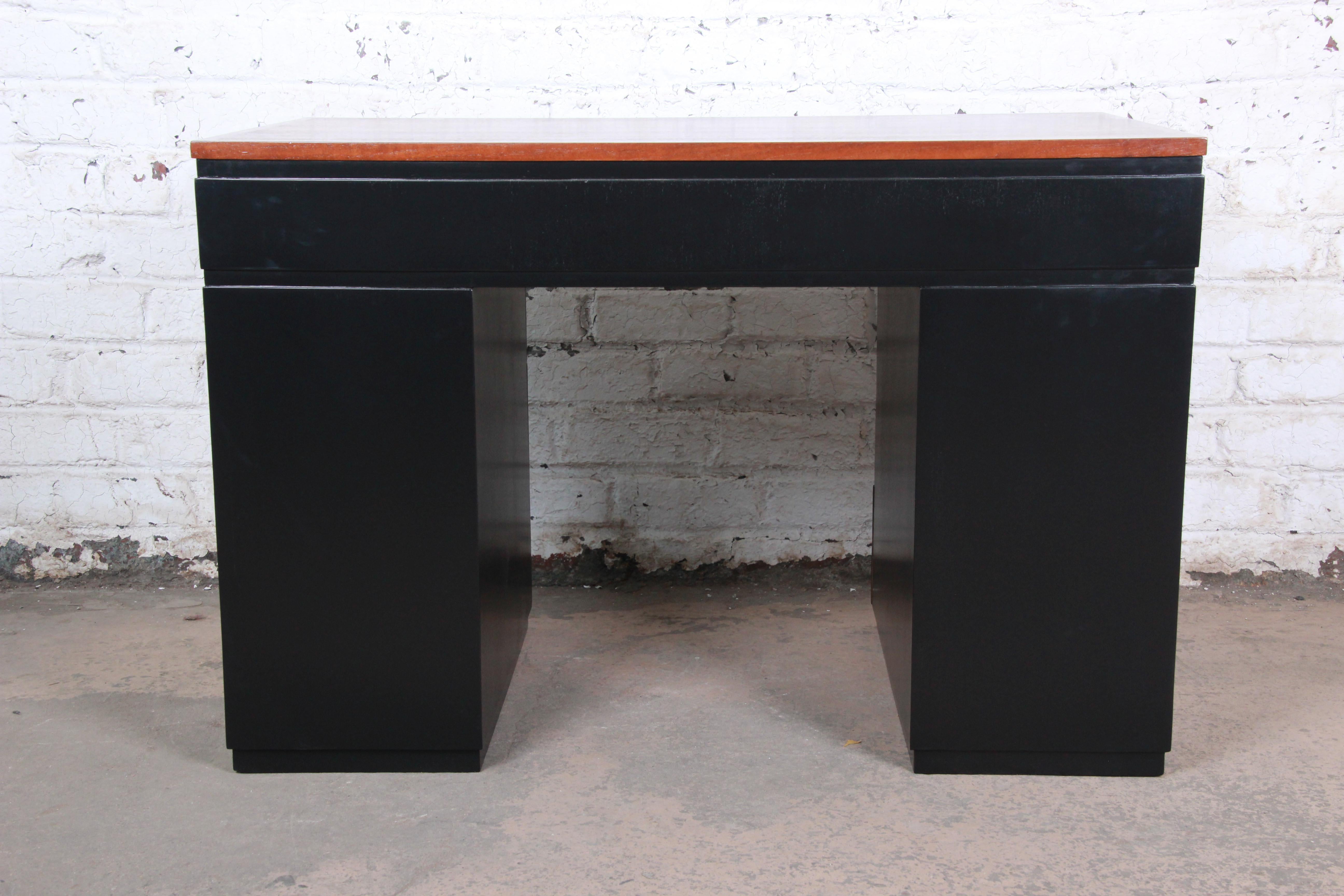 Early Edward Wormley for Dunbar Walnut and Black Lacquered Kneehole Desk, 1940s 5