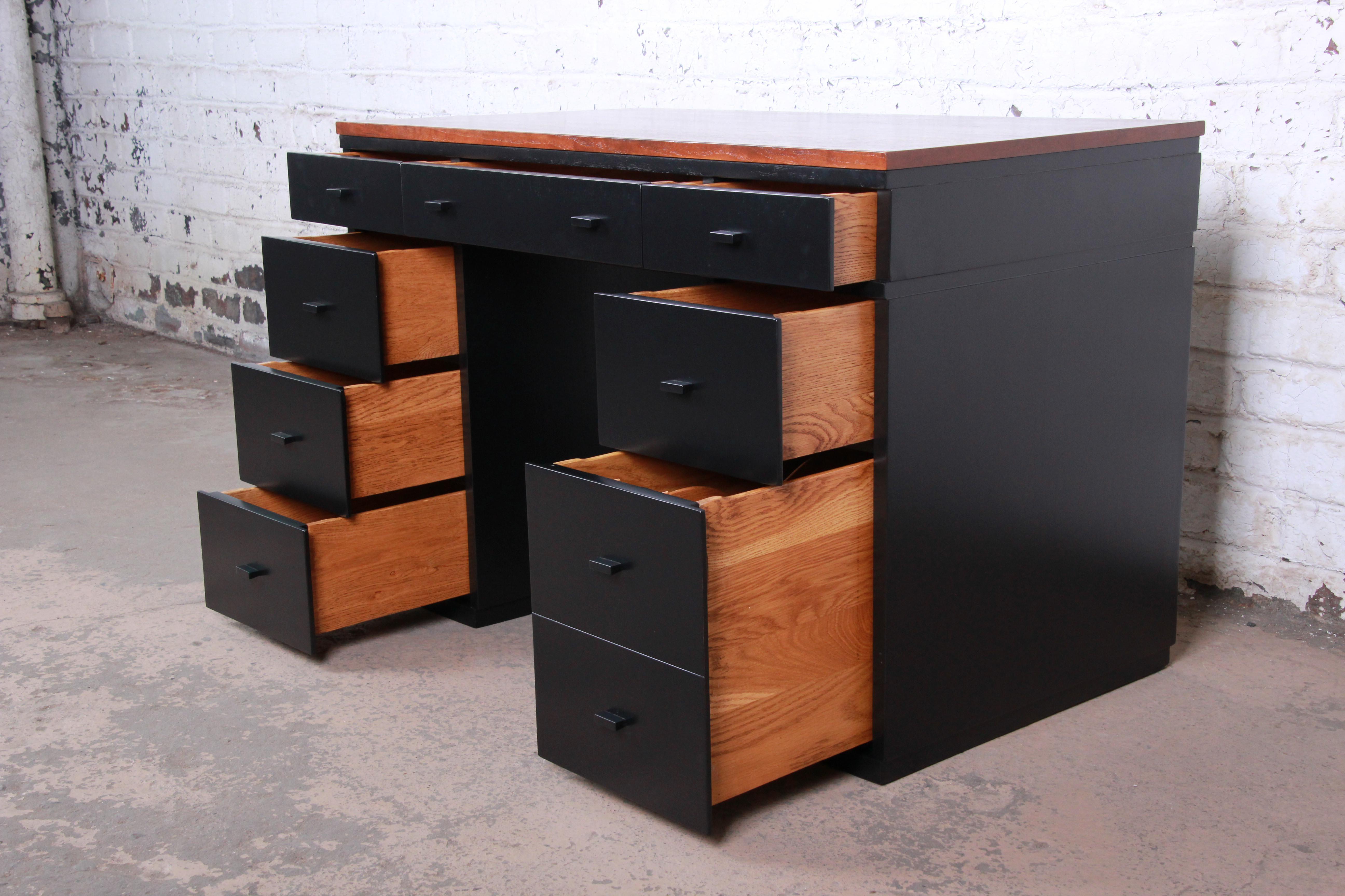 Mid-20th Century Early Edward Wormley for Dunbar Walnut and Black Lacquered Kneehole Desk, 1940s