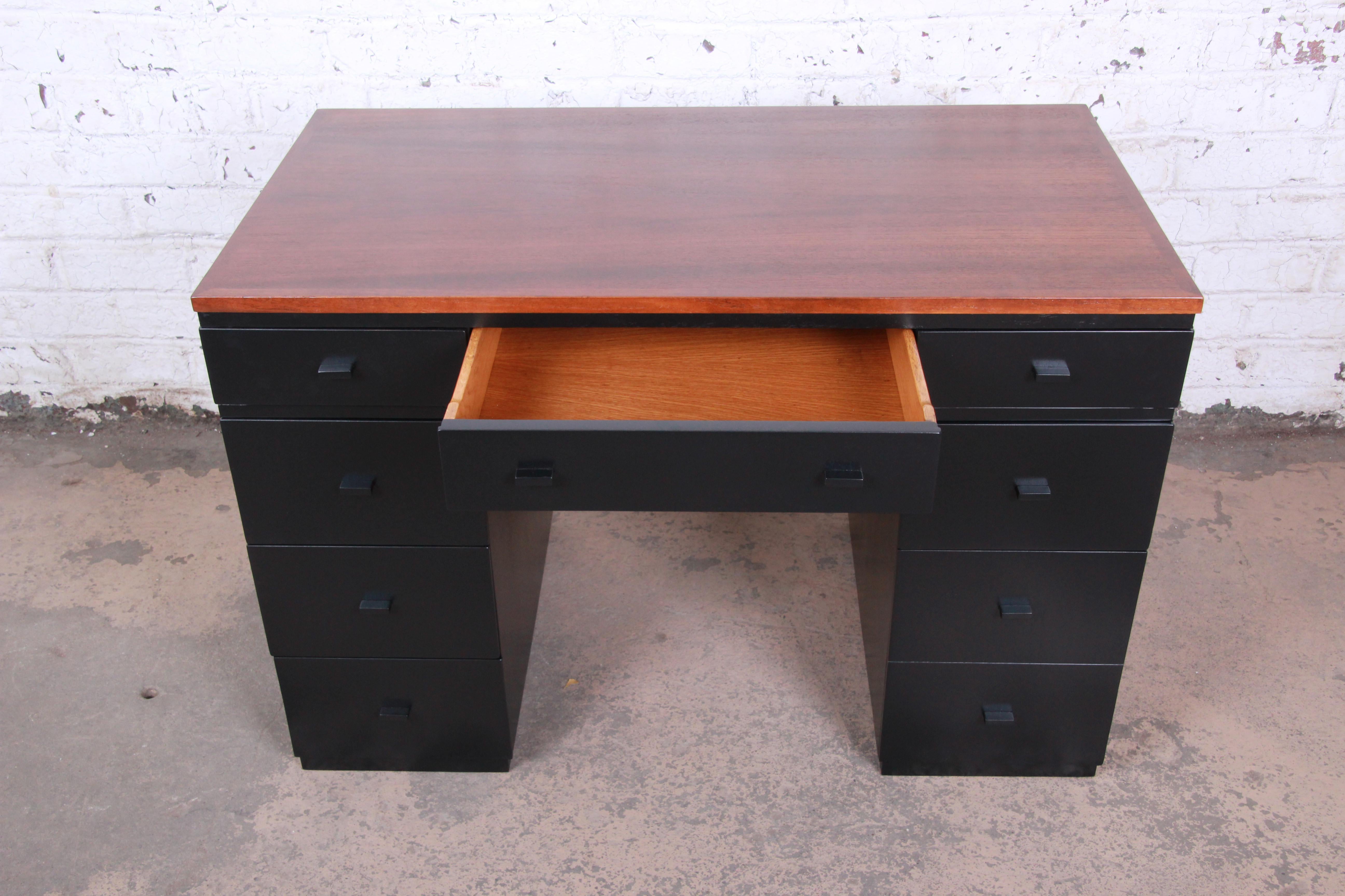 Early Edward Wormley for Dunbar Walnut and Black Lacquered Kneehole Desk, 1940s 1