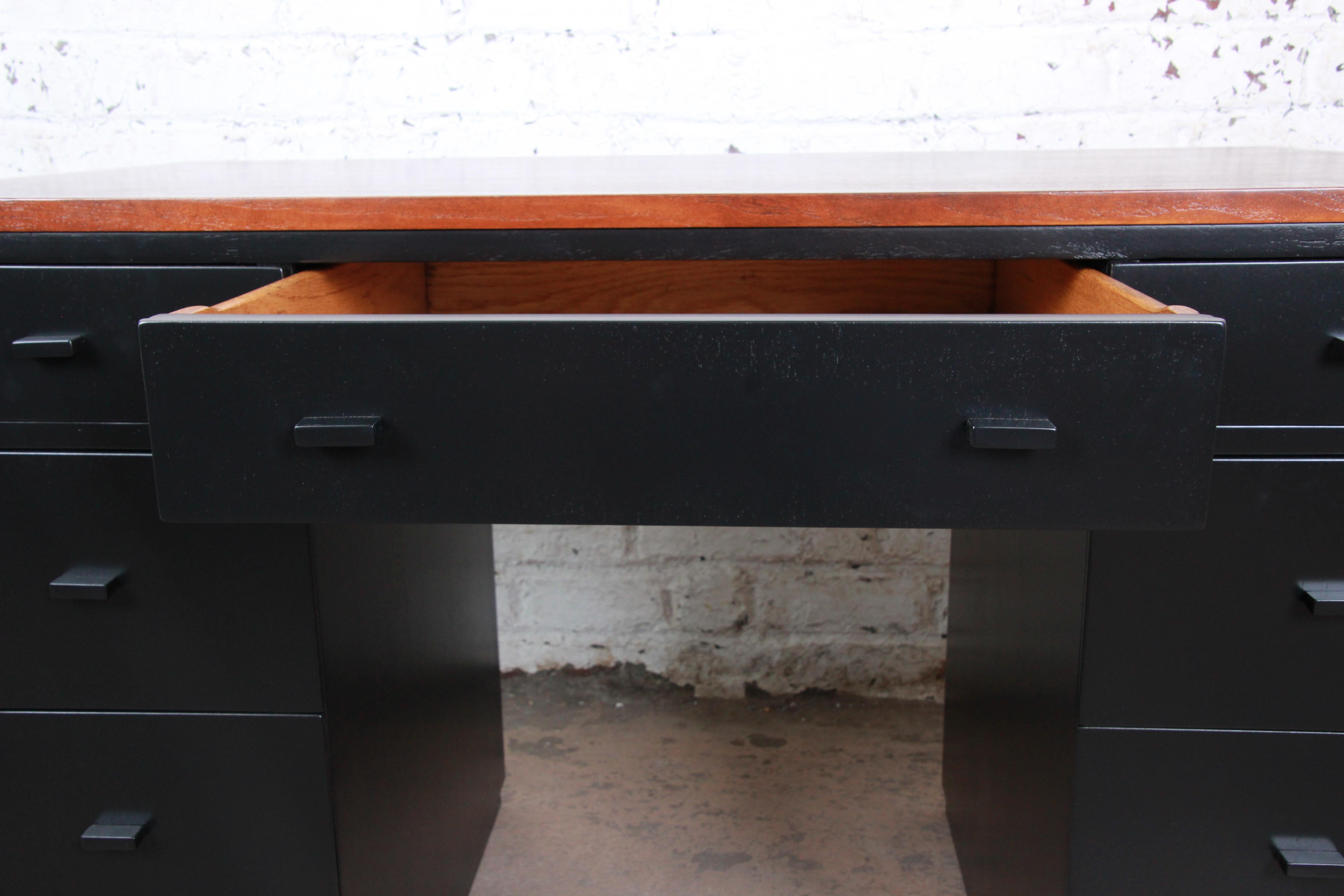 Early Edward Wormley for Dunbar Walnut and Black Lacquered Kneehole Desk, 1940s 2