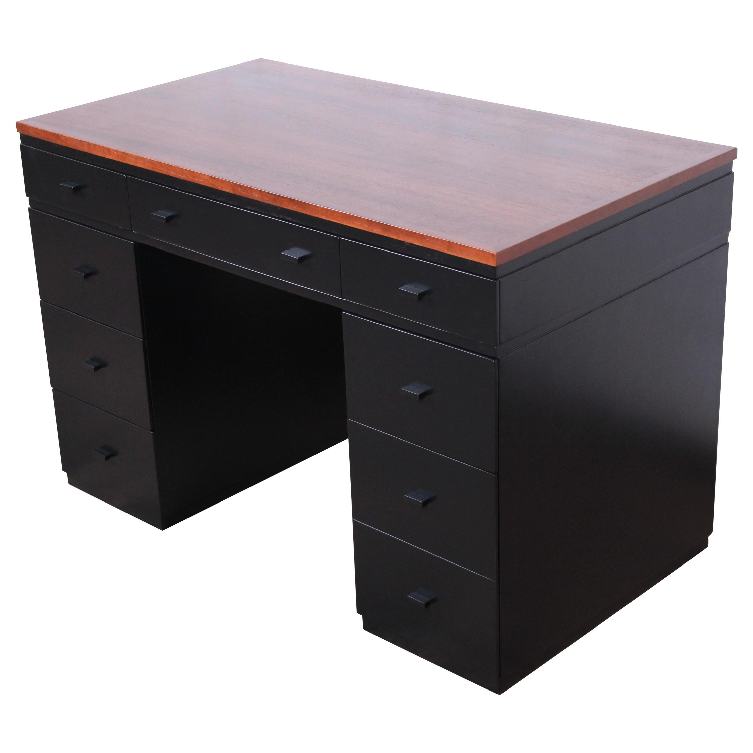 Early Edward Wormley for Dunbar Walnut and Black Lacquered Kneehole Desk, 1940s