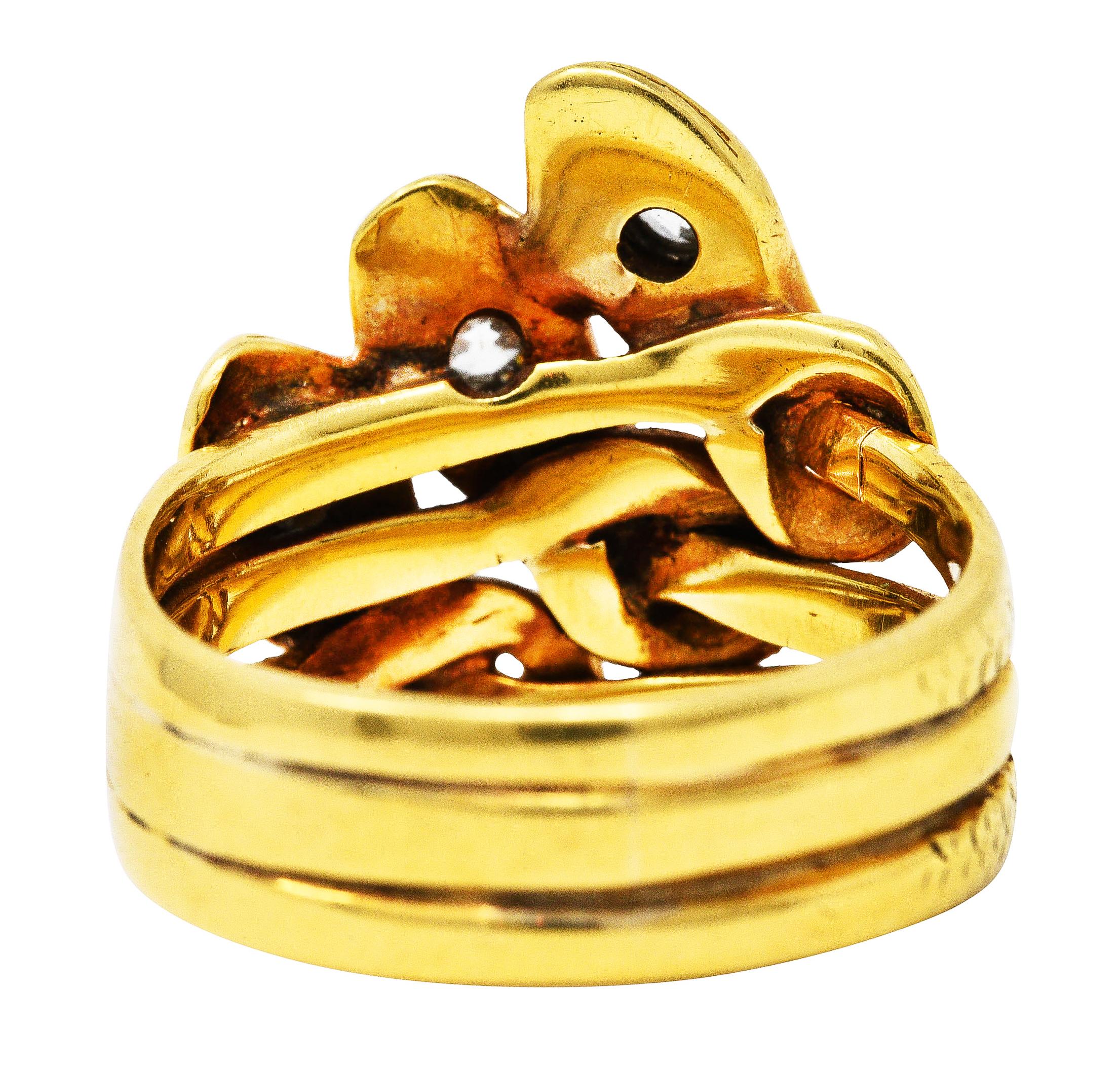 Old European Cut Early Edwardian Diamond 18 Karat Yellow Gold Triple Snake Ring