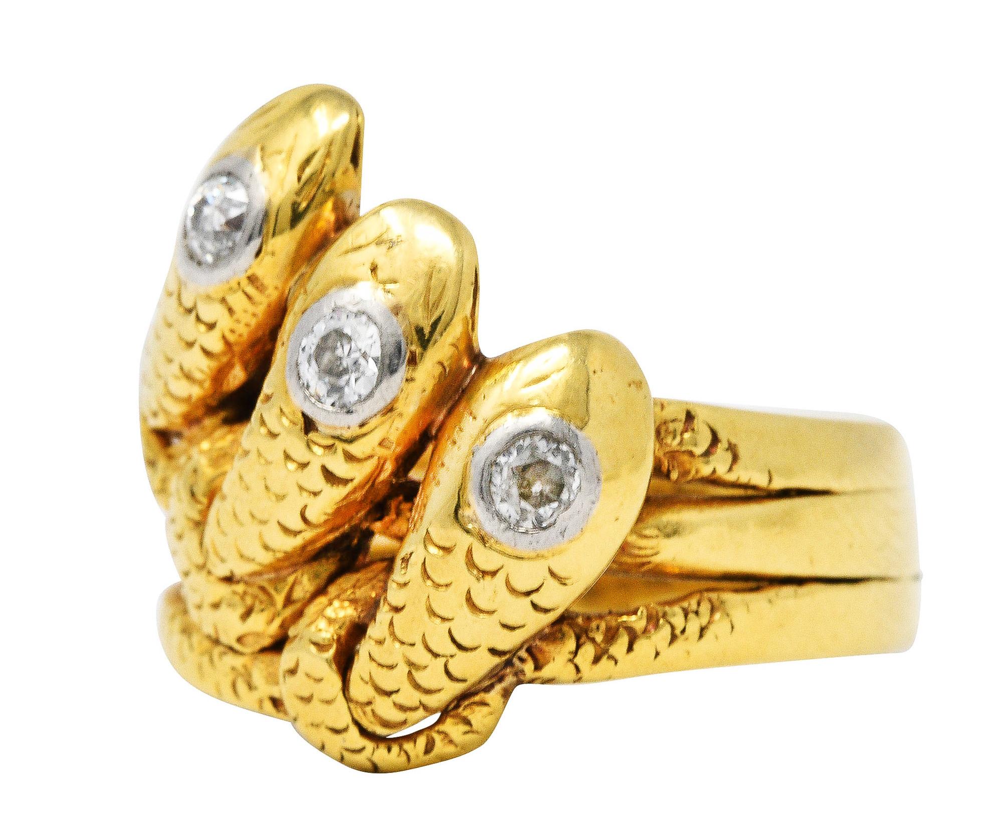 Women's or Men's Early Edwardian Diamond 18 Karat Yellow Gold Triple Snake Ring