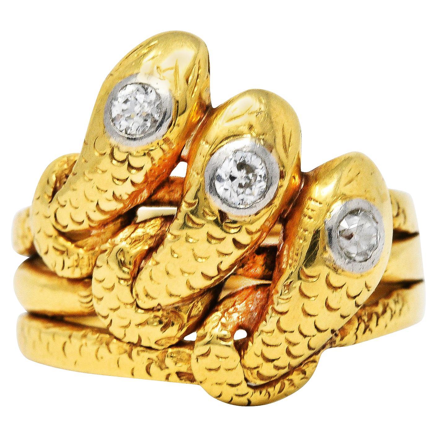 Early Edwardian Diamond 18 Karat Yellow Gold Triple Snake Ring