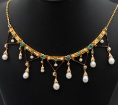 Early Edwardian Rare Diamond Pearl Emerald Swag Necklace, circa 1900