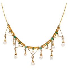 Early Edwardian Rare Diamond Pearl Emerald Swag Necklace, circa 1900