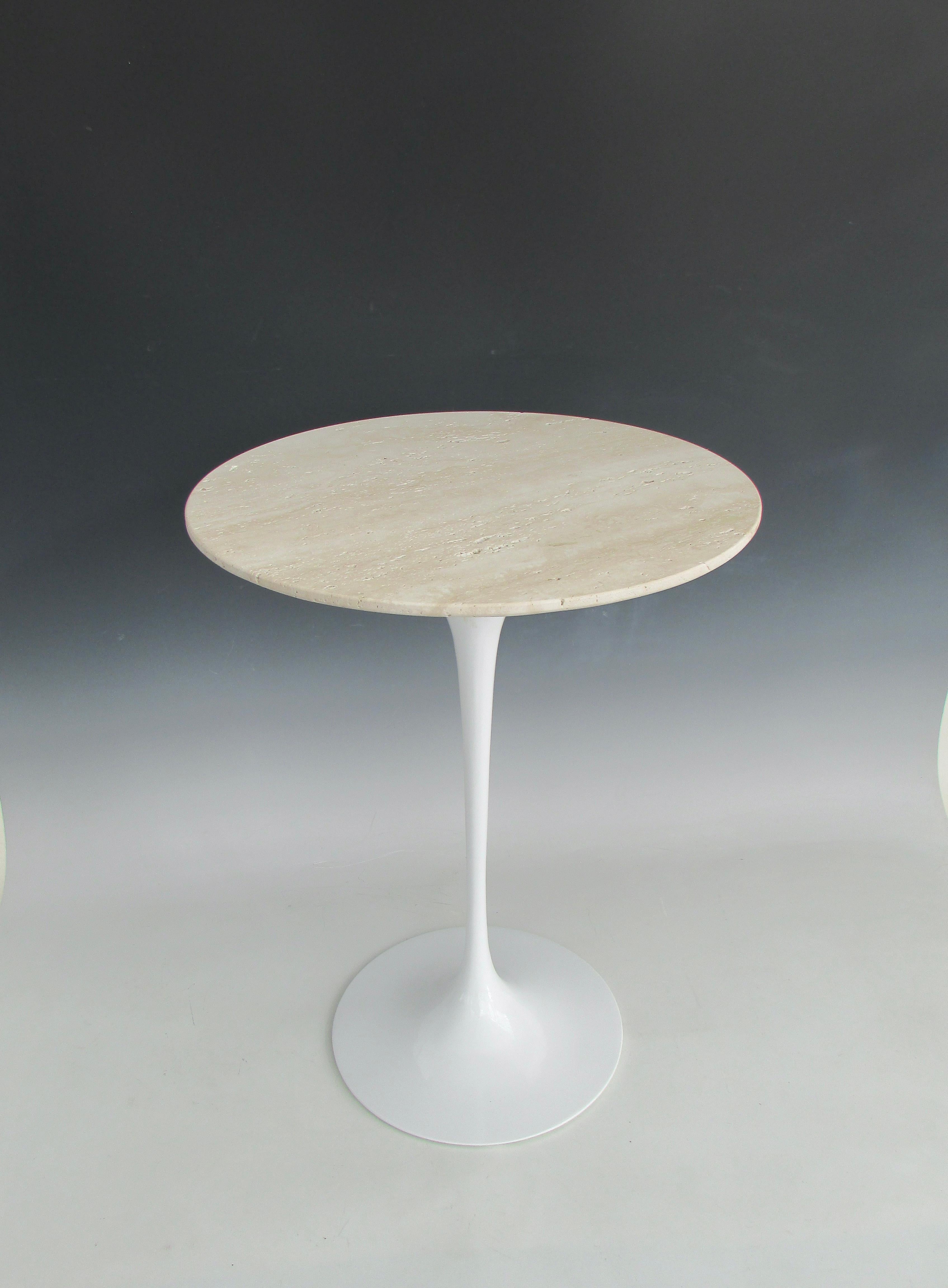 Early Eero Saarinen for Knoll Cast Iron Tulip Table with Custom Travertine Top In Good Condition For Sale In Ferndale, MI