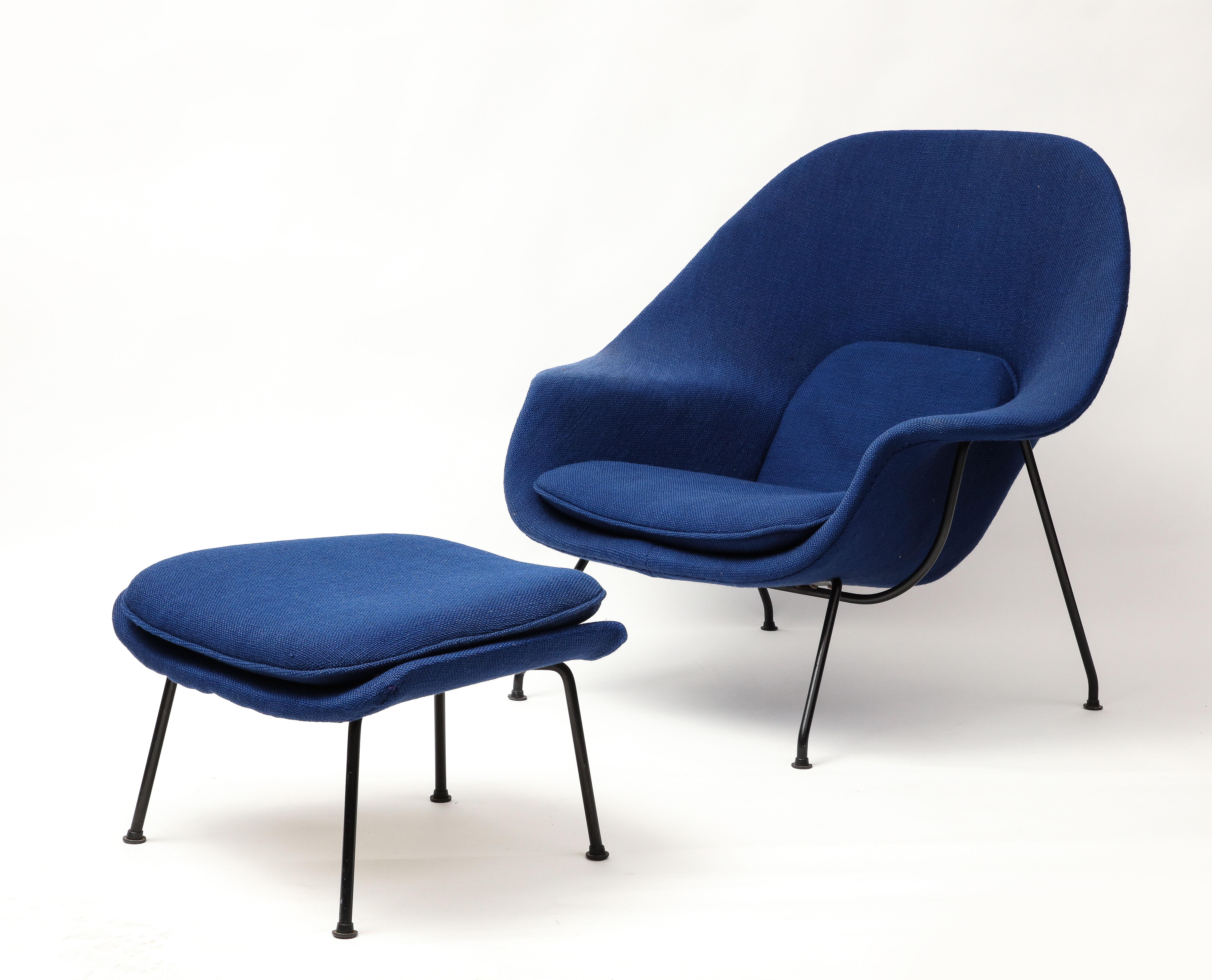 Early Eero Saarinen Knoll Womb Chair, Blue Upholstery, Black Wrought Iron Frame. Being sold as is. The chair is in original condition and will need new upholstery if you're planning on lounging in it. The foam is hard (fried inside) in several spots