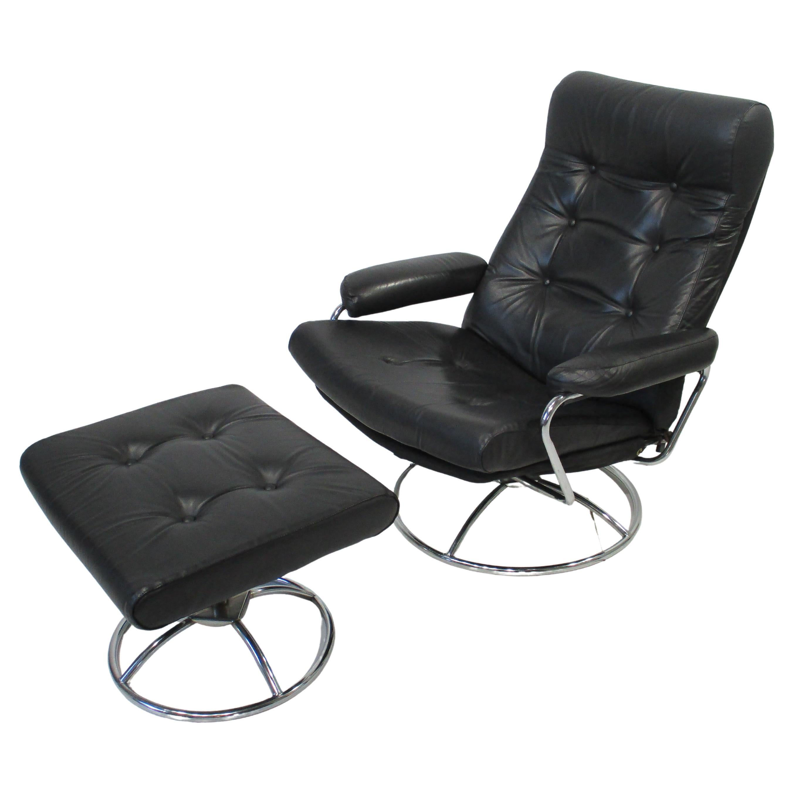 Early Ekornes Leather Lounge Chair w/ Ottoman Norway