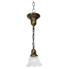 Antique Early Electric Brass Pendant with 19th Century Acid Etched Glass Shade