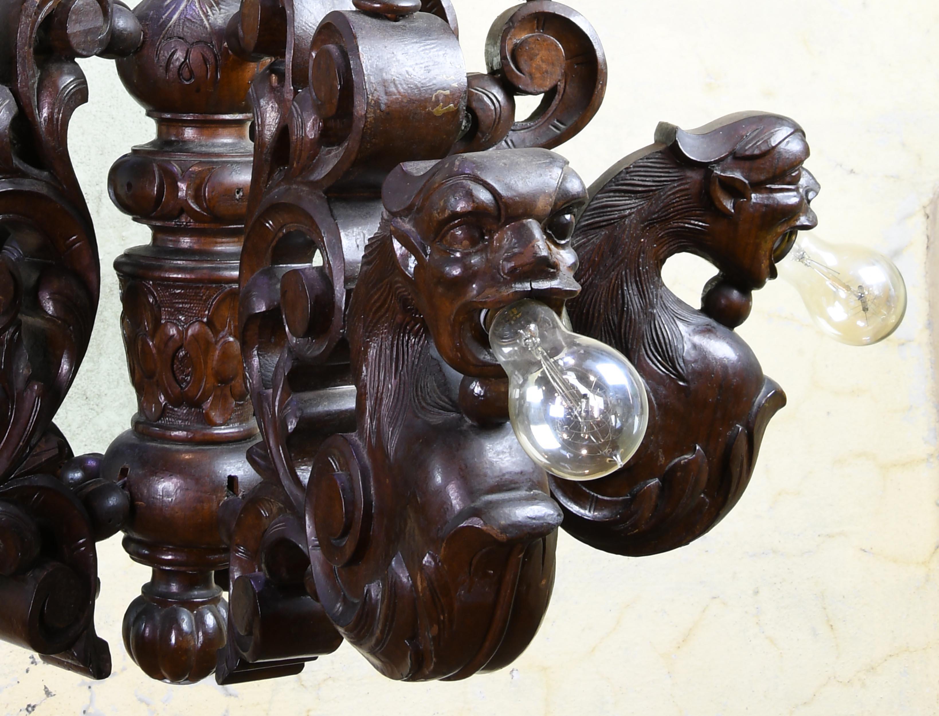 Early Electric Eleven Light Carved Wood Dragon Chandelier In Good Condition In Minneapolis, MN