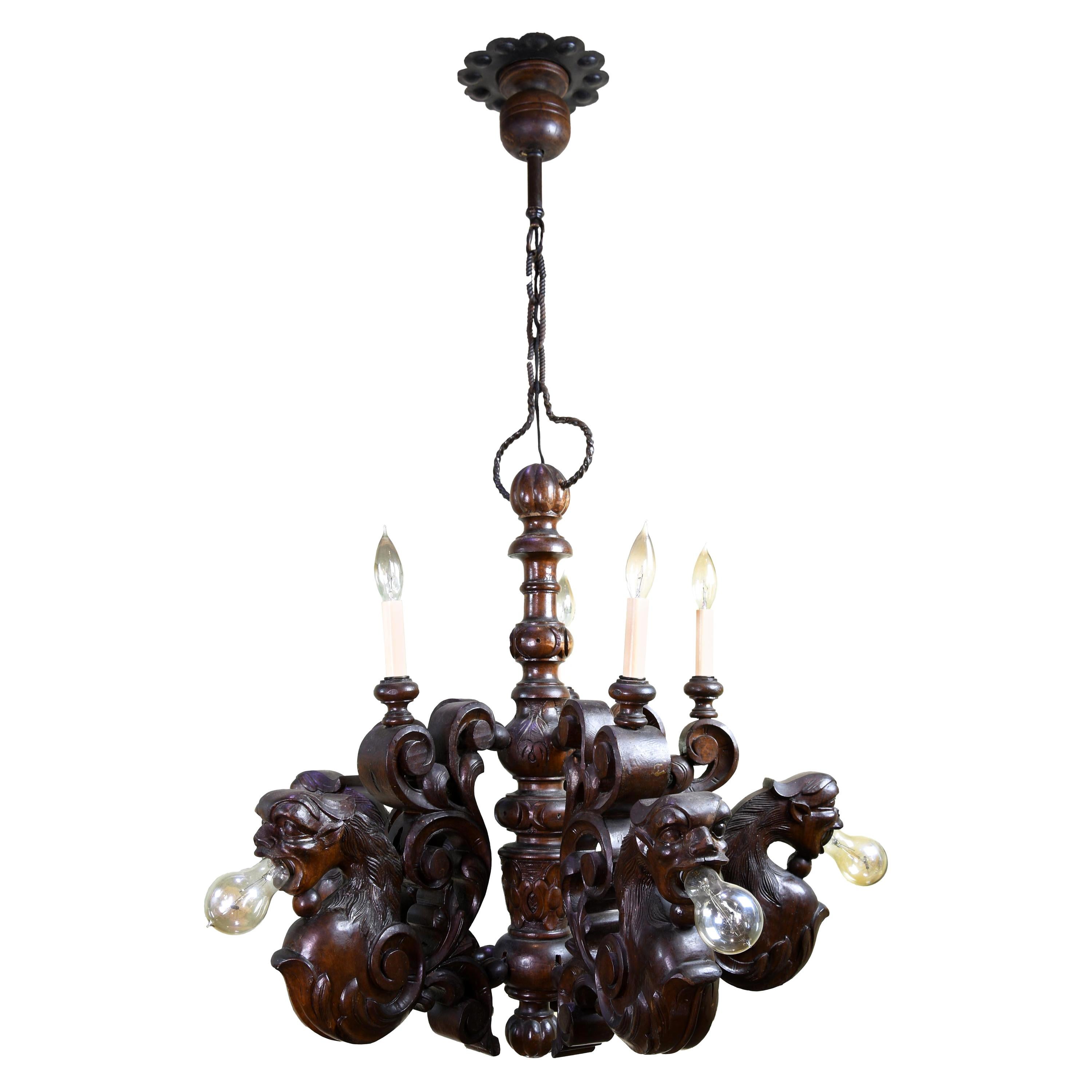 Early Electric Eleven Light Carved Wood Dragon Chandelier