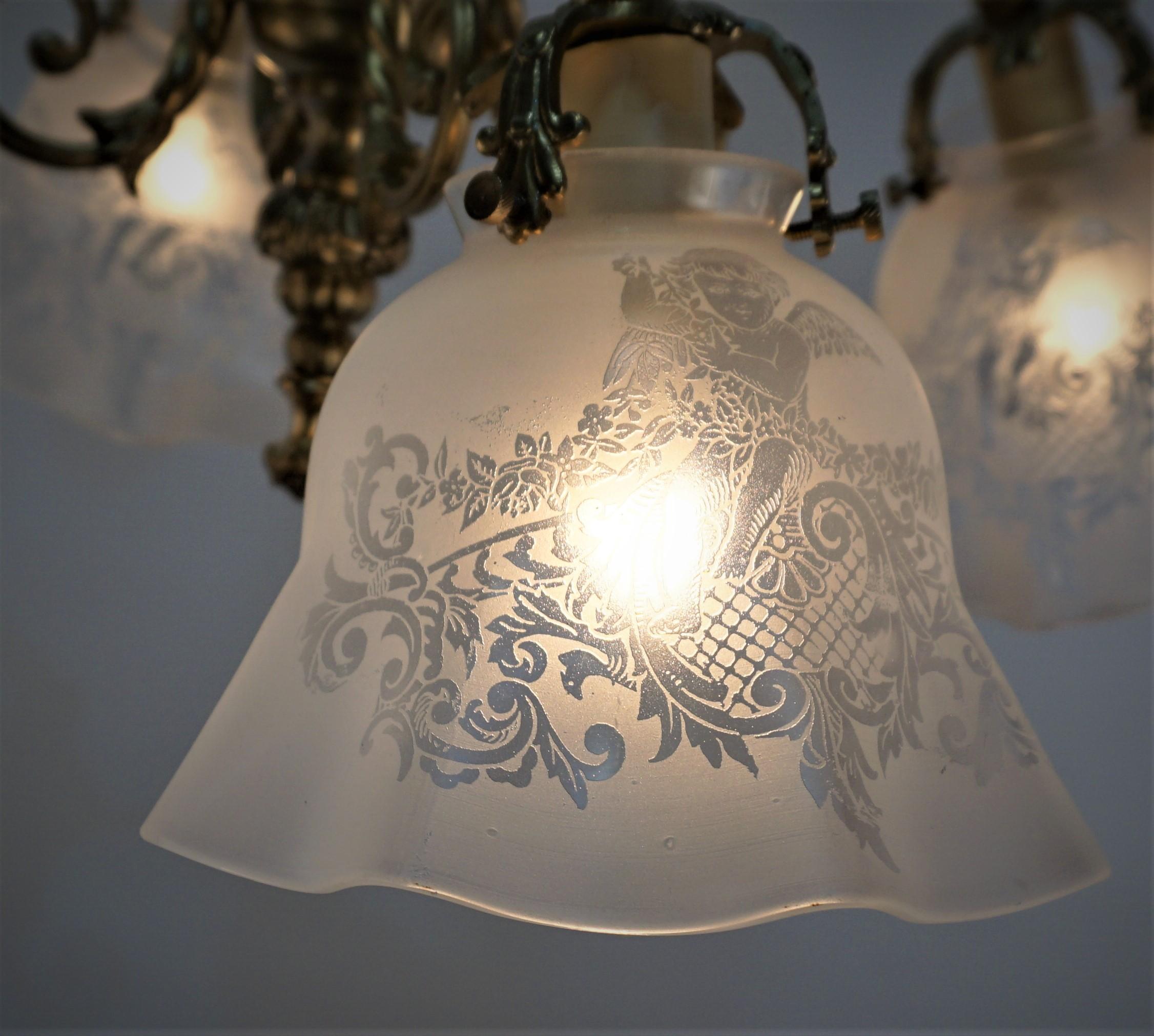Early Electrical Bronze and Etched Glass Chandelier For Sale 5