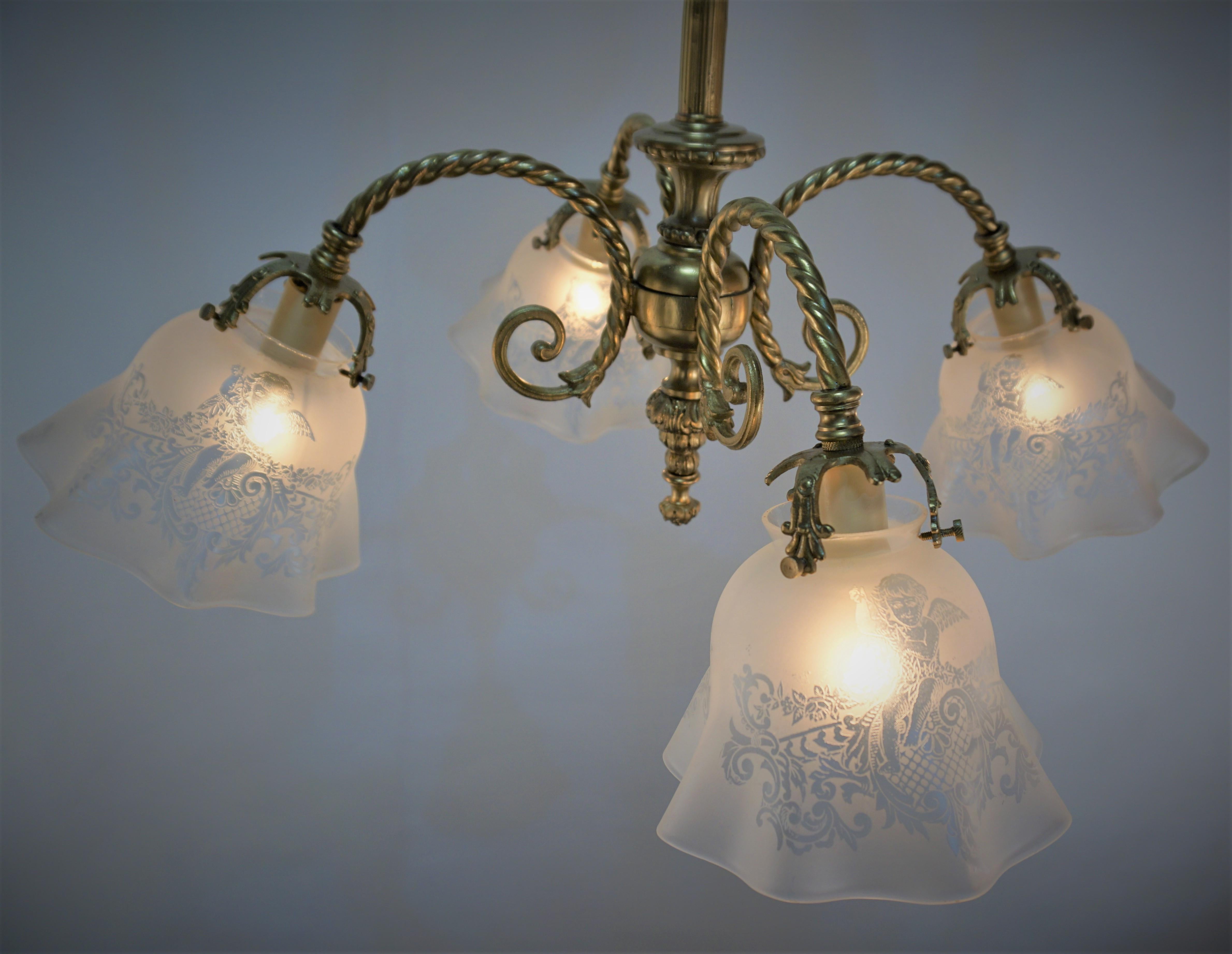 Early Electrical Bronze and Etched Glass Chandelier For Sale 6
