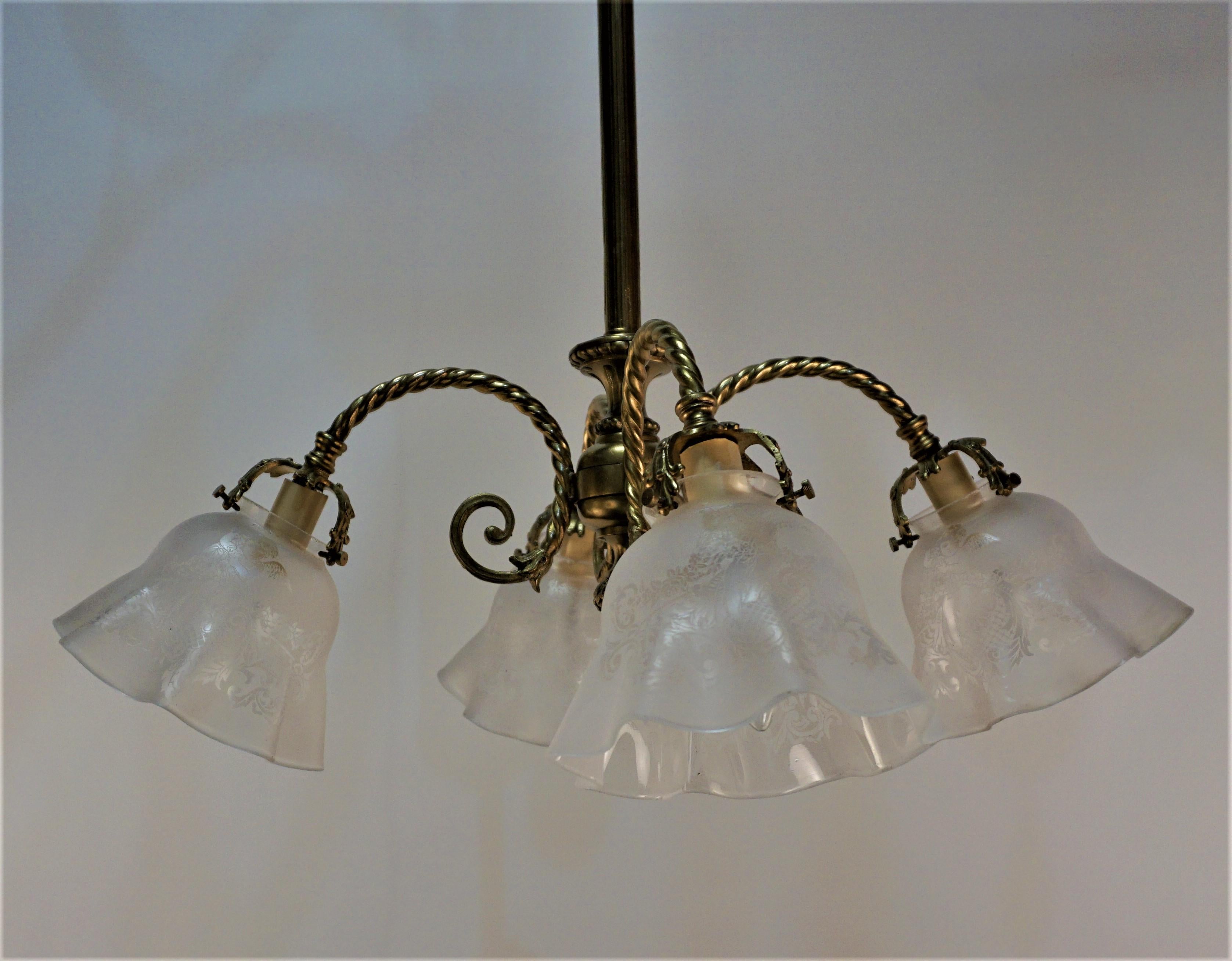 Early Electrical Bronze and Etched Glass Chandelier For Sale 7