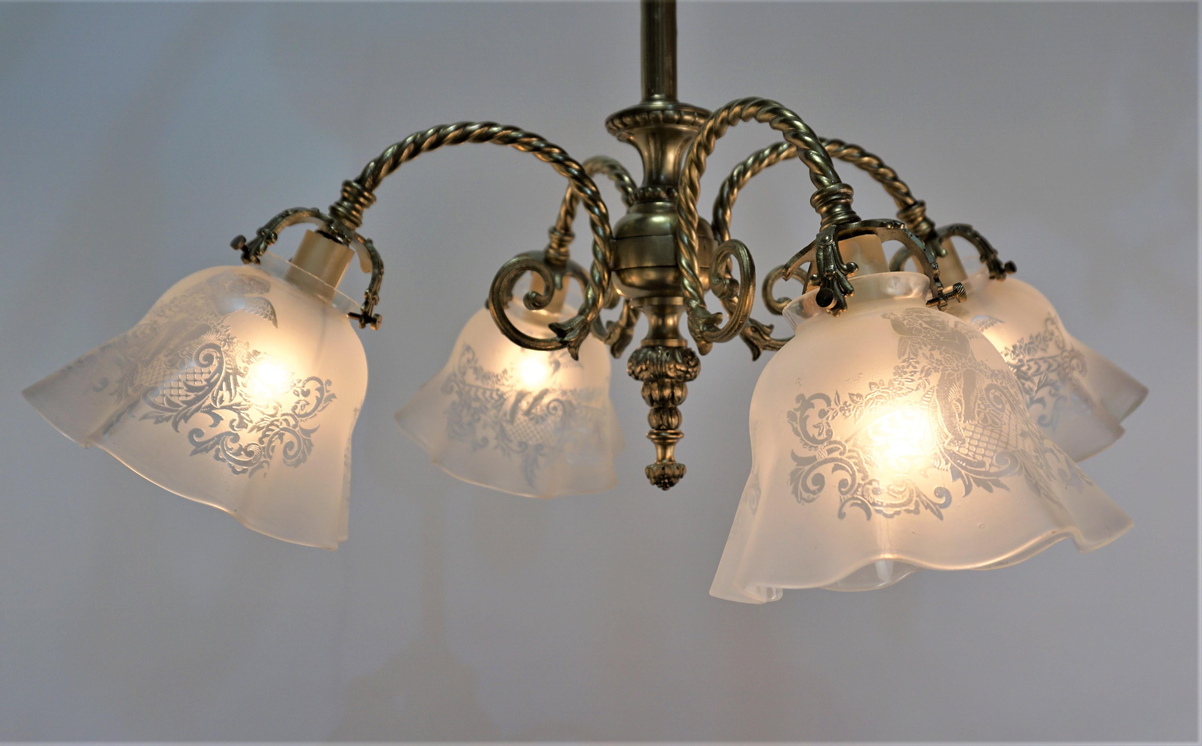 Spanish Early Electrical Bronze and Etched Glass Chandelier For Sale