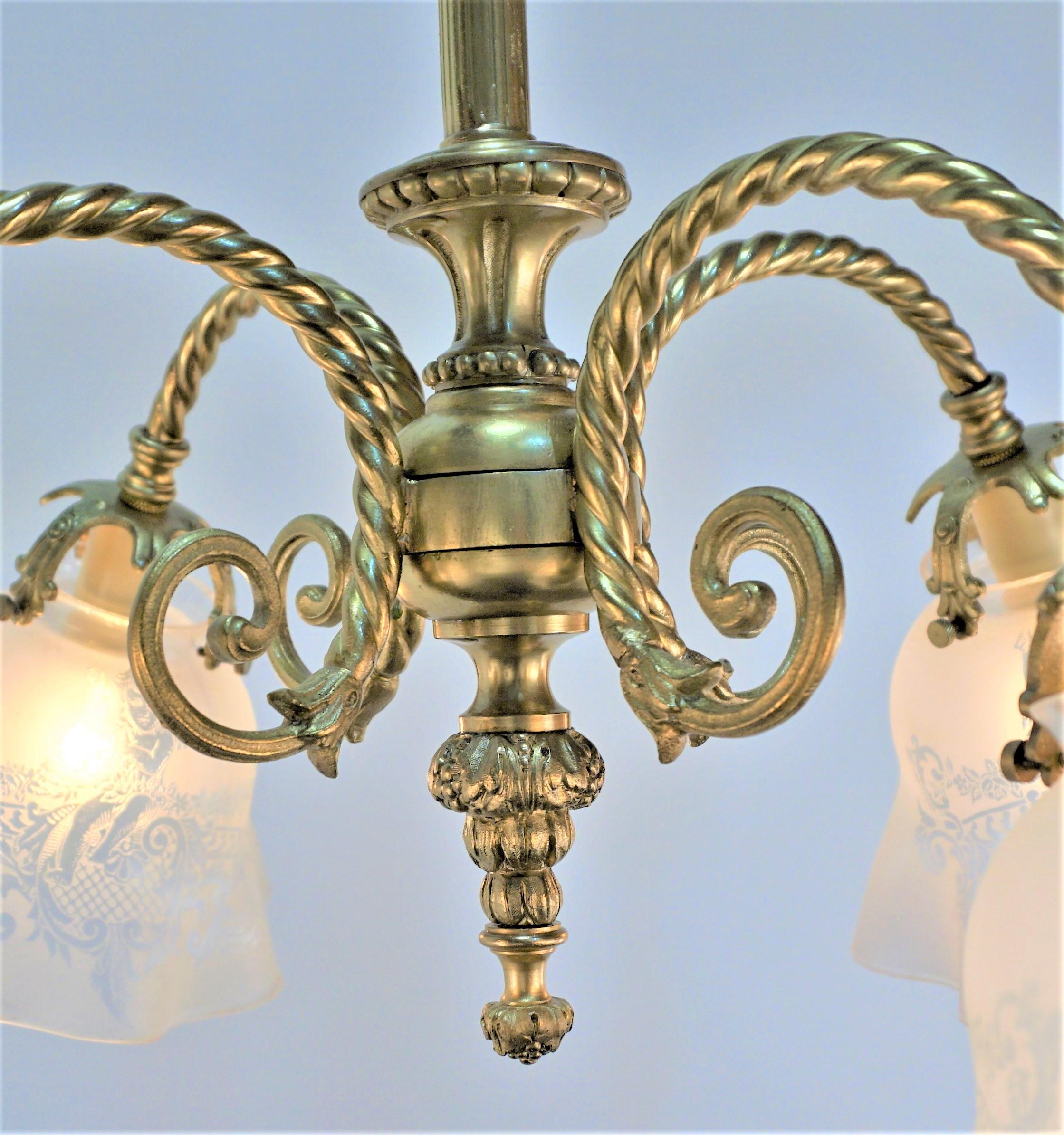 Early 20th Century Early Electrical Bronze and Etched Glass Chandelier For Sale