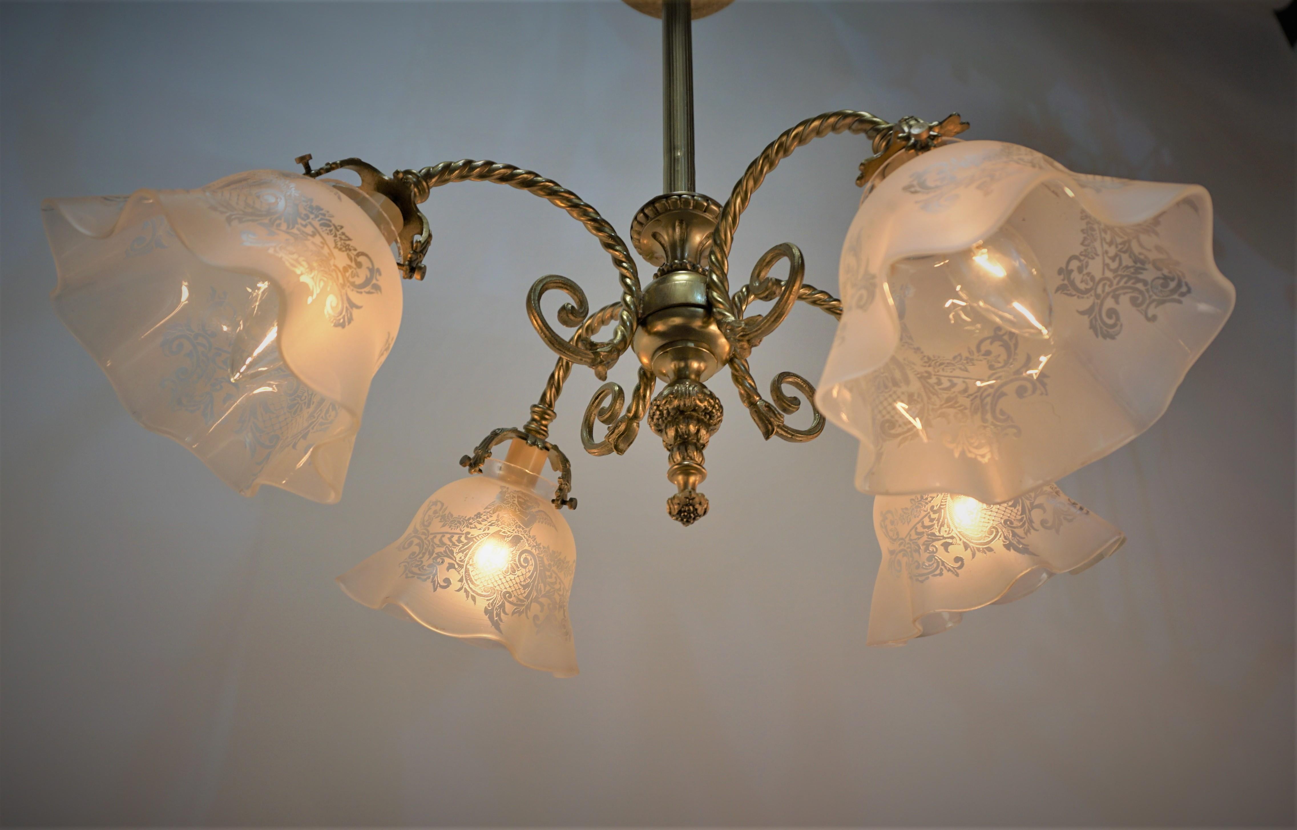 Early Electrical Bronze and Etched Glass Chandelier For Sale 1
