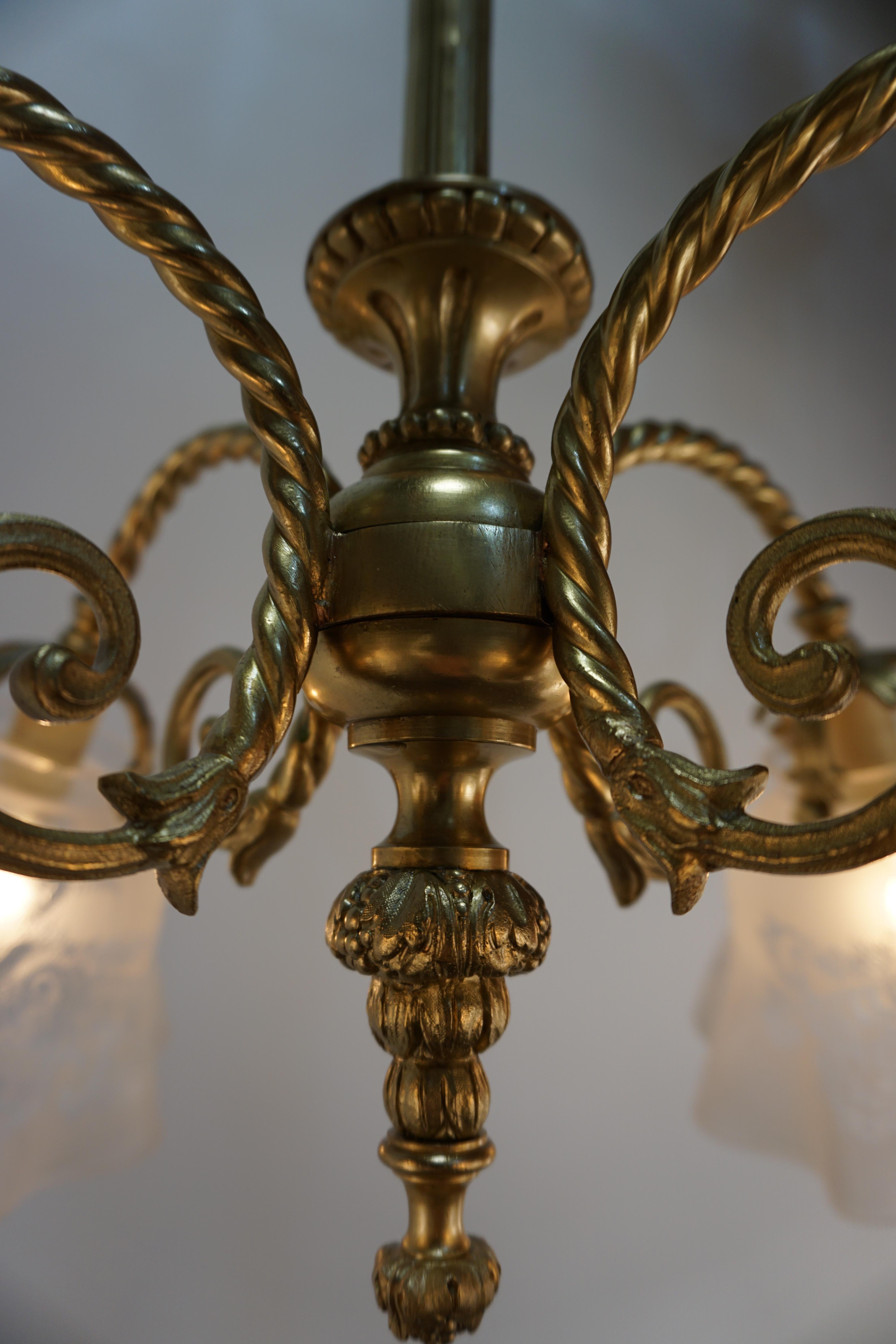 Early Electrical Bronze and Etched Glass Chandelier For Sale 3