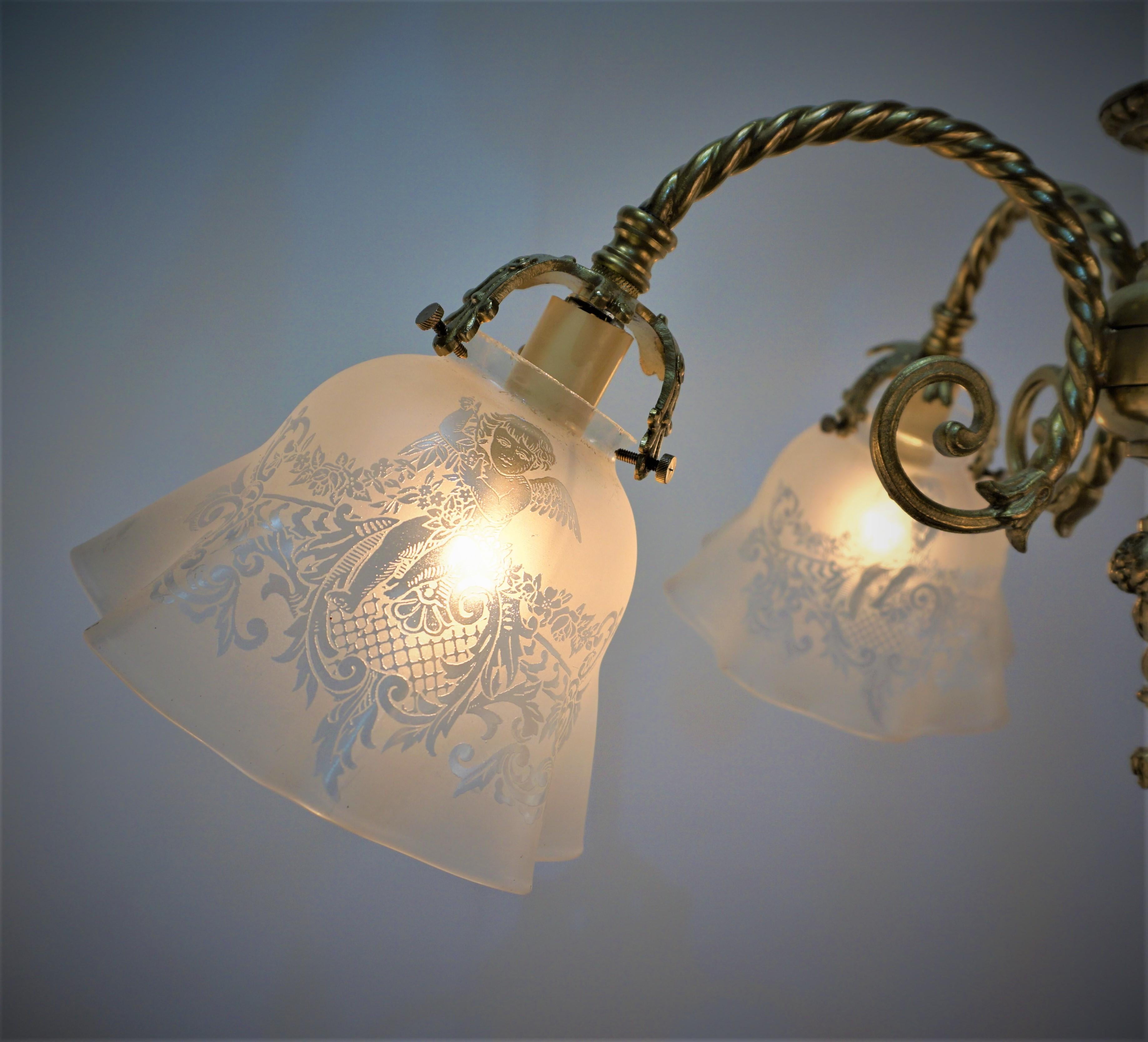 Early Electrical Bronze and Etched Glass Chandelier For Sale 4