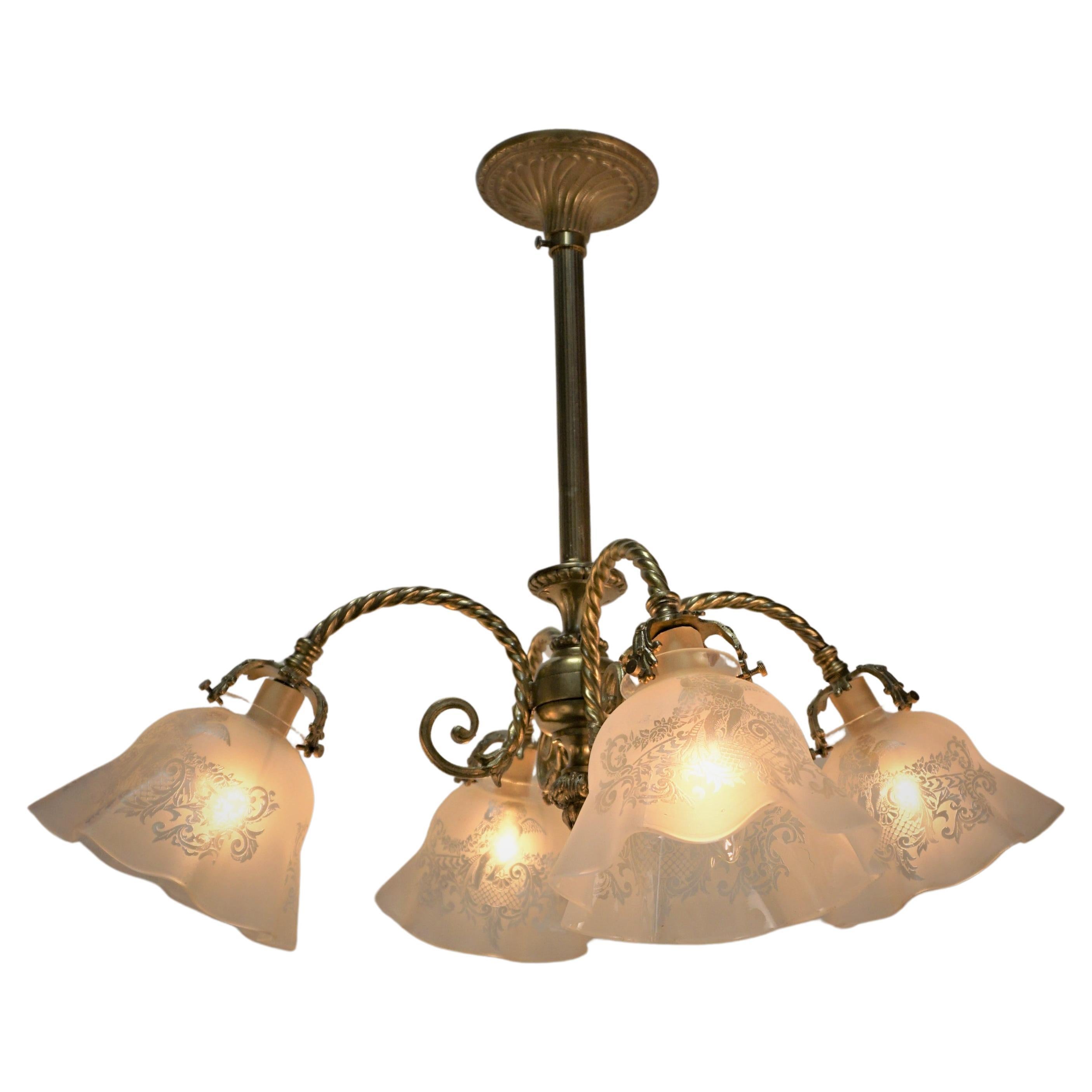 Early Electrical Bronze and Etched Glass Chandelier For Sale