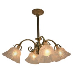 Early Electrical Bronze and Etched Glass Chandelier