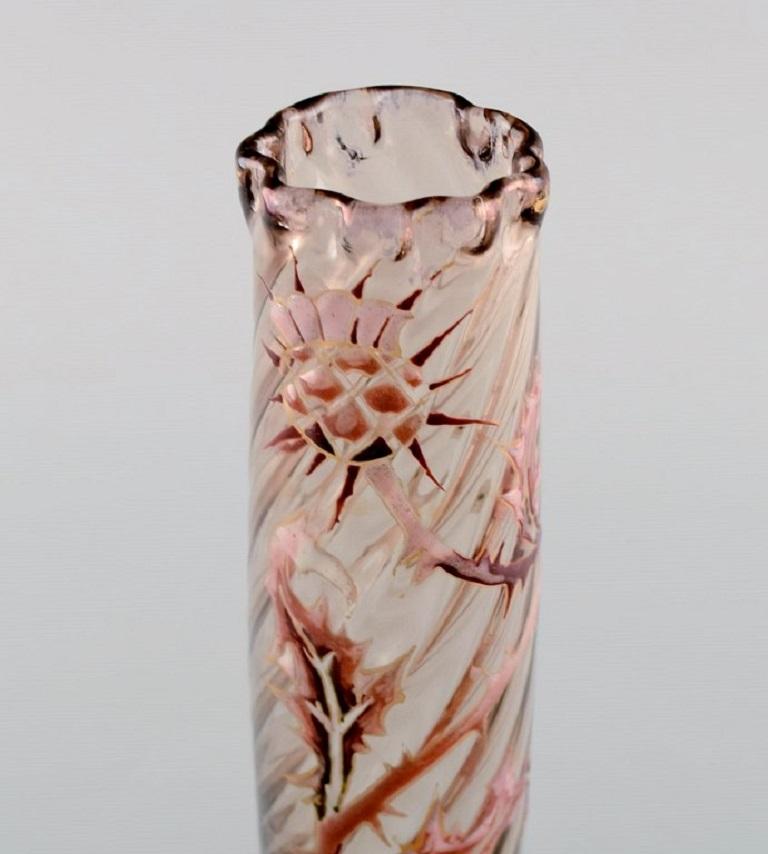 French Early Emile Gallé Vase in Clear Frosted Art Glass with Thistle Pattern For Sale