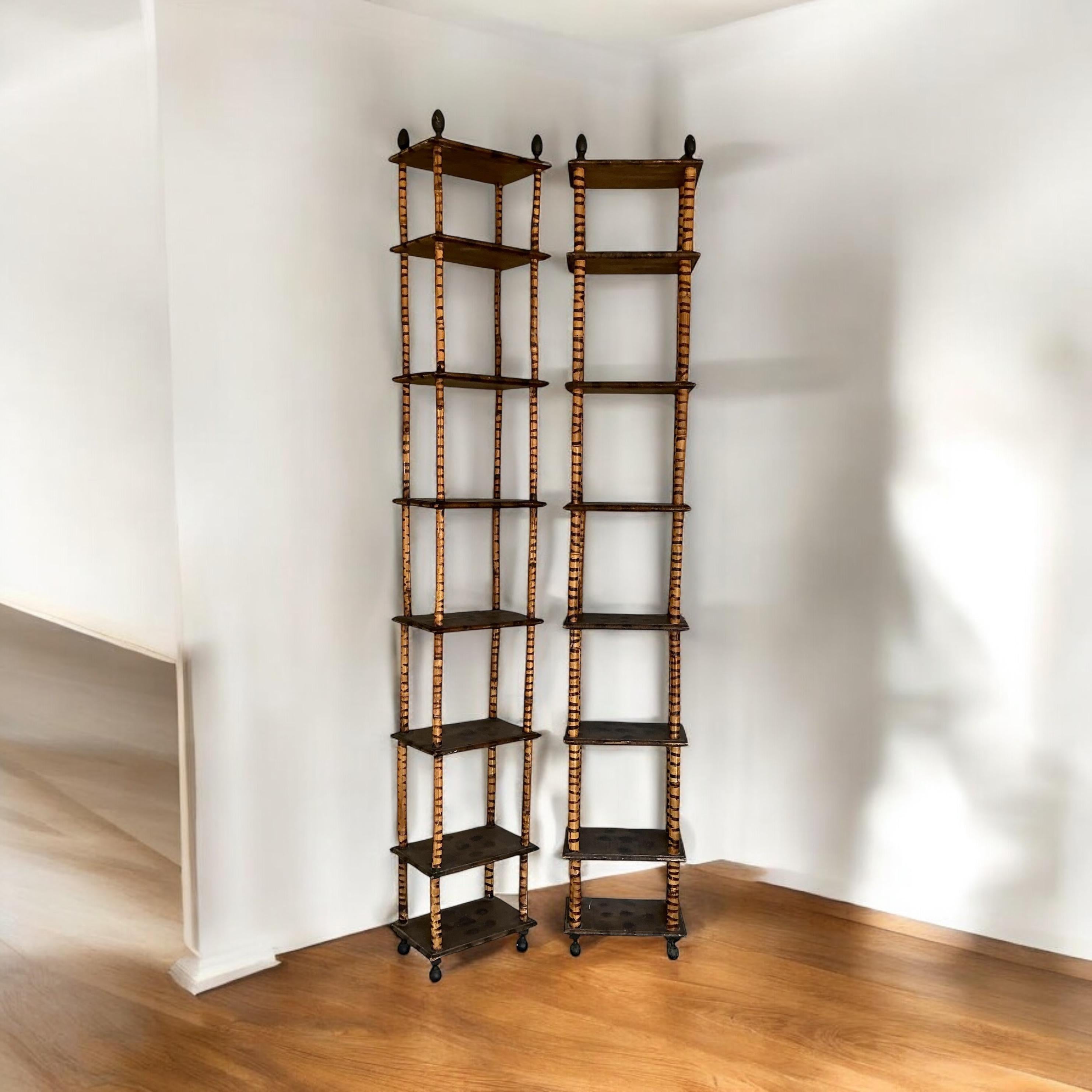 20th Century Early English Aesthetic Movement / Folk Art Bamboo Etageres / Shelves - Pair