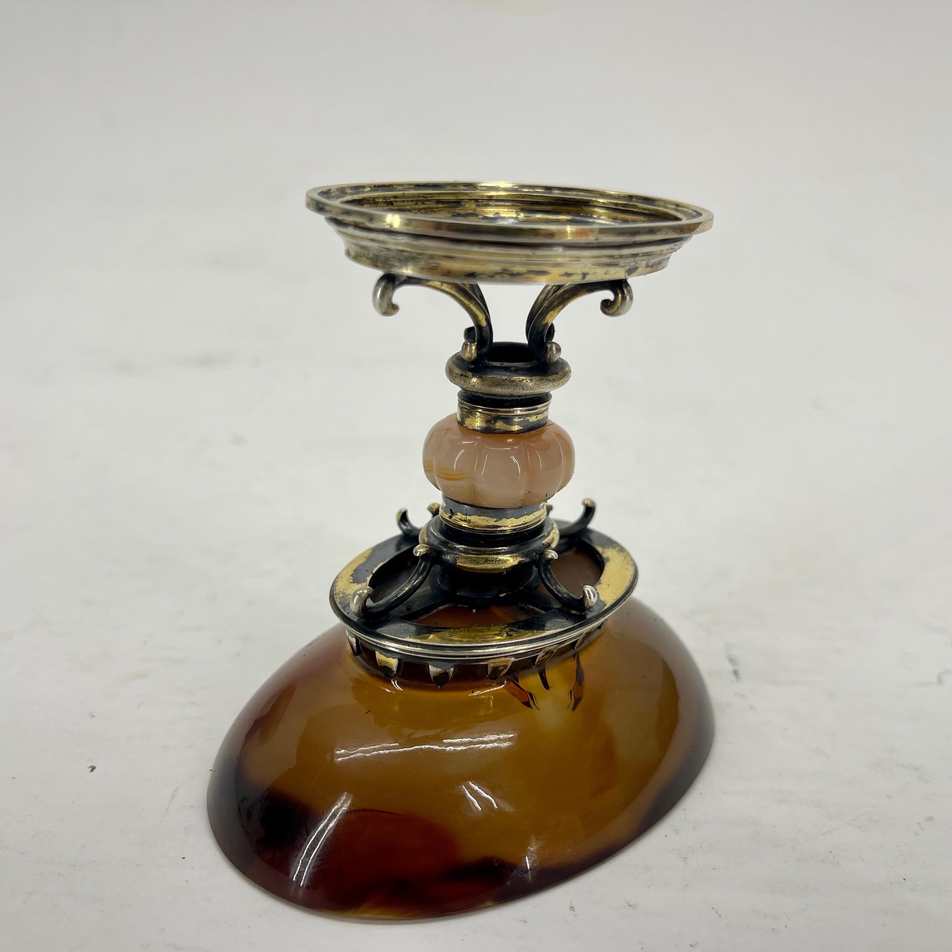 Early English Agate and Gilt Sterling Silver Jar Bowl or Salt Cellar For Sale 7