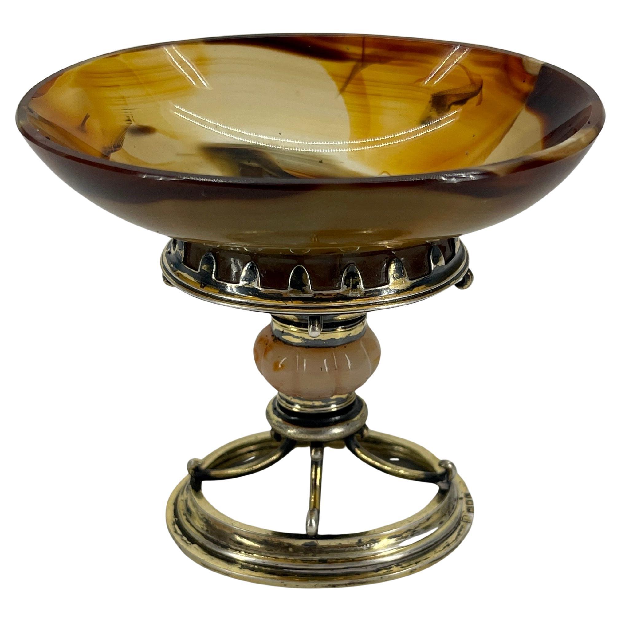 Renaissance Early English Agate and Gilt Sterling Silver Jar Bowl or Salt Cellar For Sale