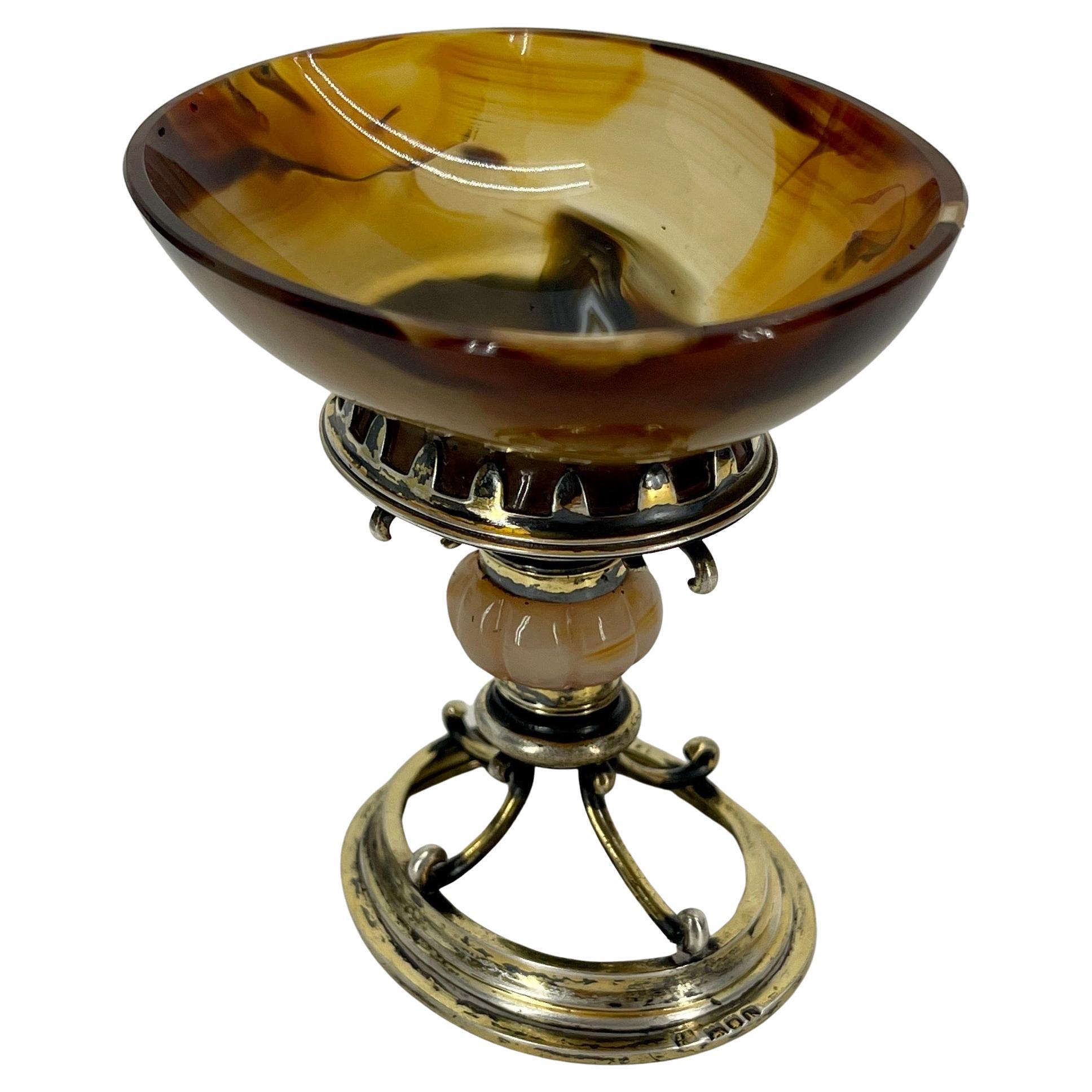 Early English Agate and Gilt Sterling Silver Jar Bowl or Salt Cellar In Good Condition For Sale In Haddonfield, NJ