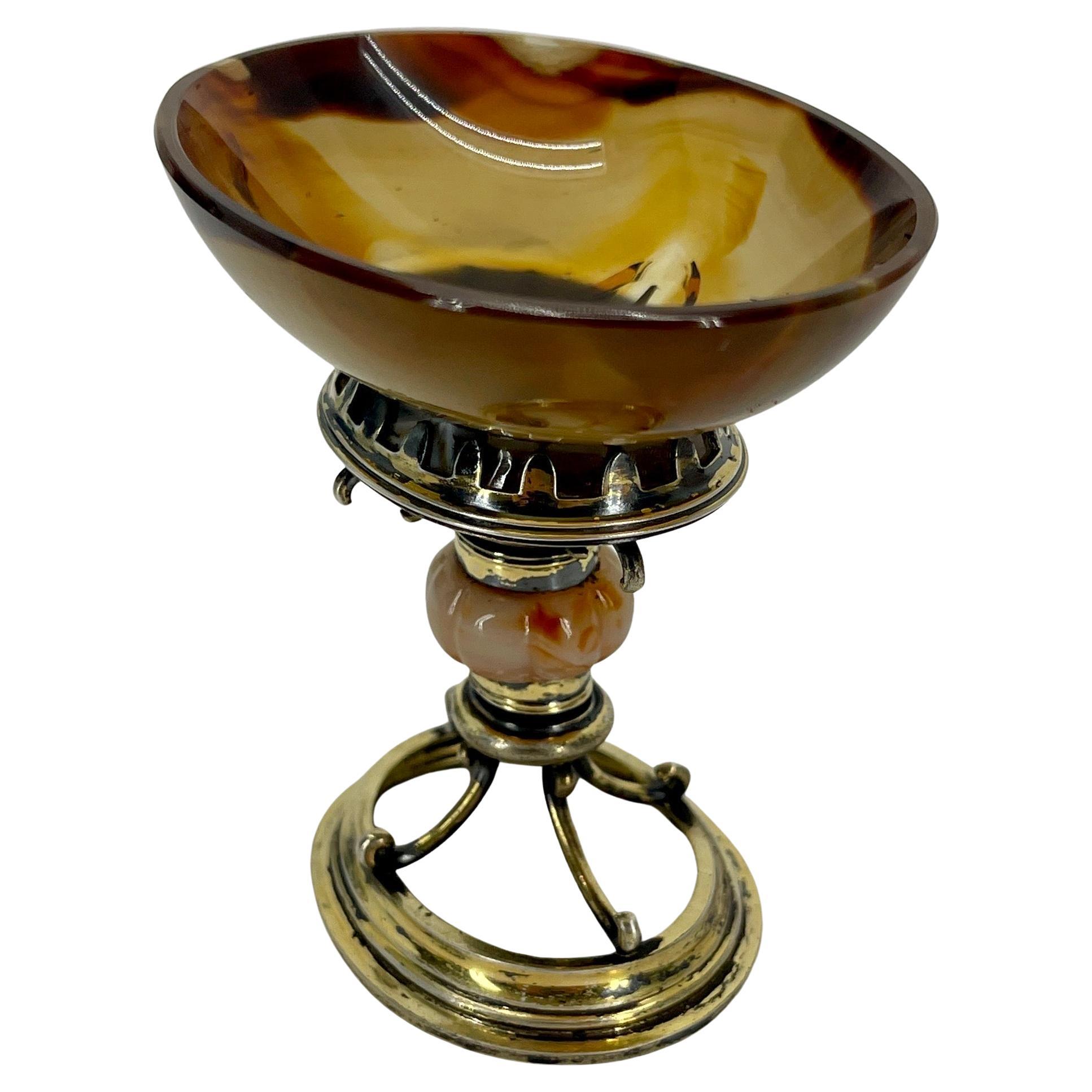 19th Century Early English Agate and Gilt Sterling Silver Jar Bowl or Salt Cellar For Sale