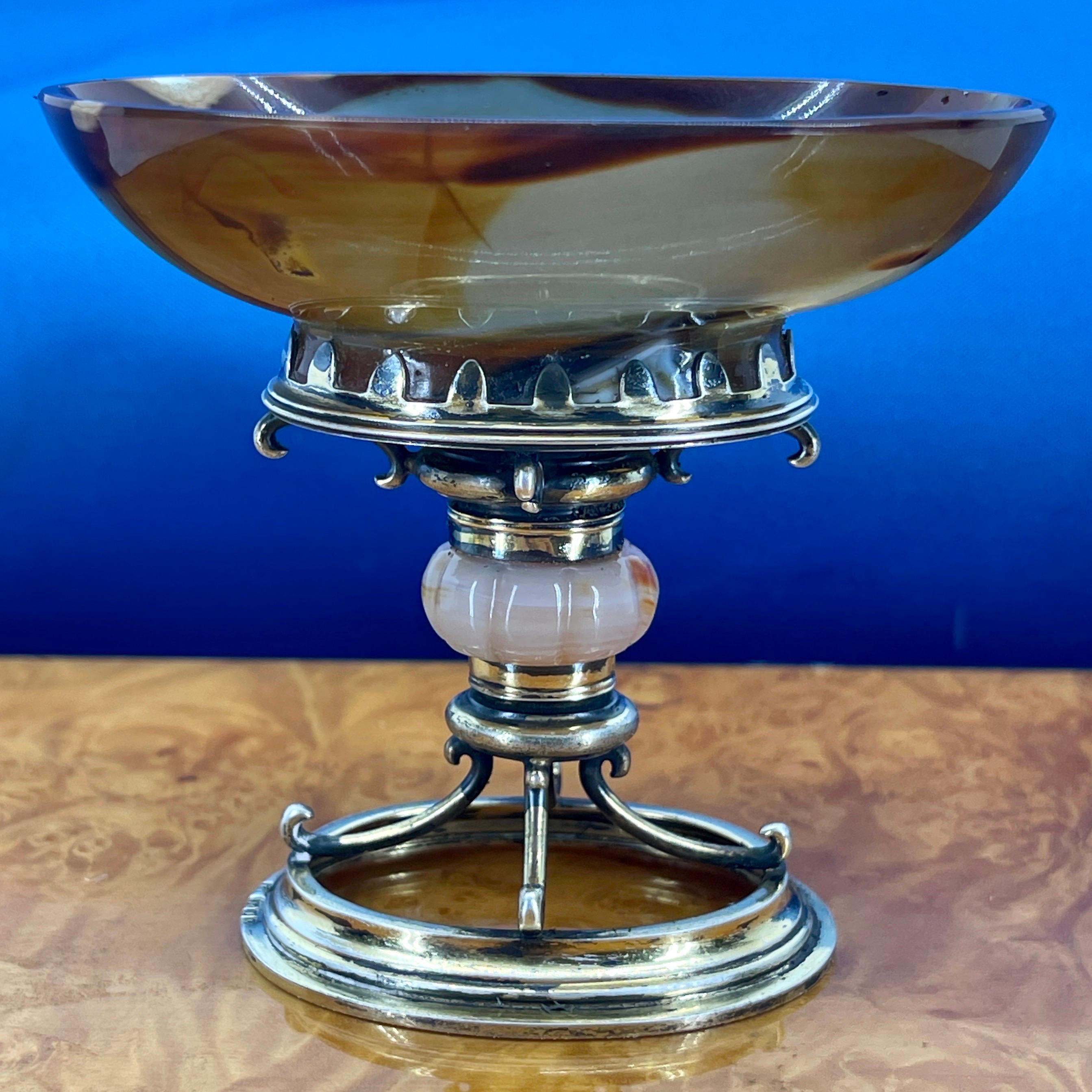 Early English Agate and Gilt Sterling Silver Jar Bowl or Salt Cellar For Sale 4