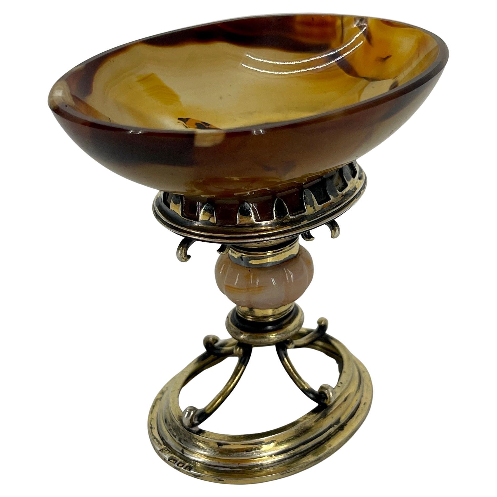 Early English Agate and Gilt Sterling Silver Jar Bowl or Salt Cellar For Sale