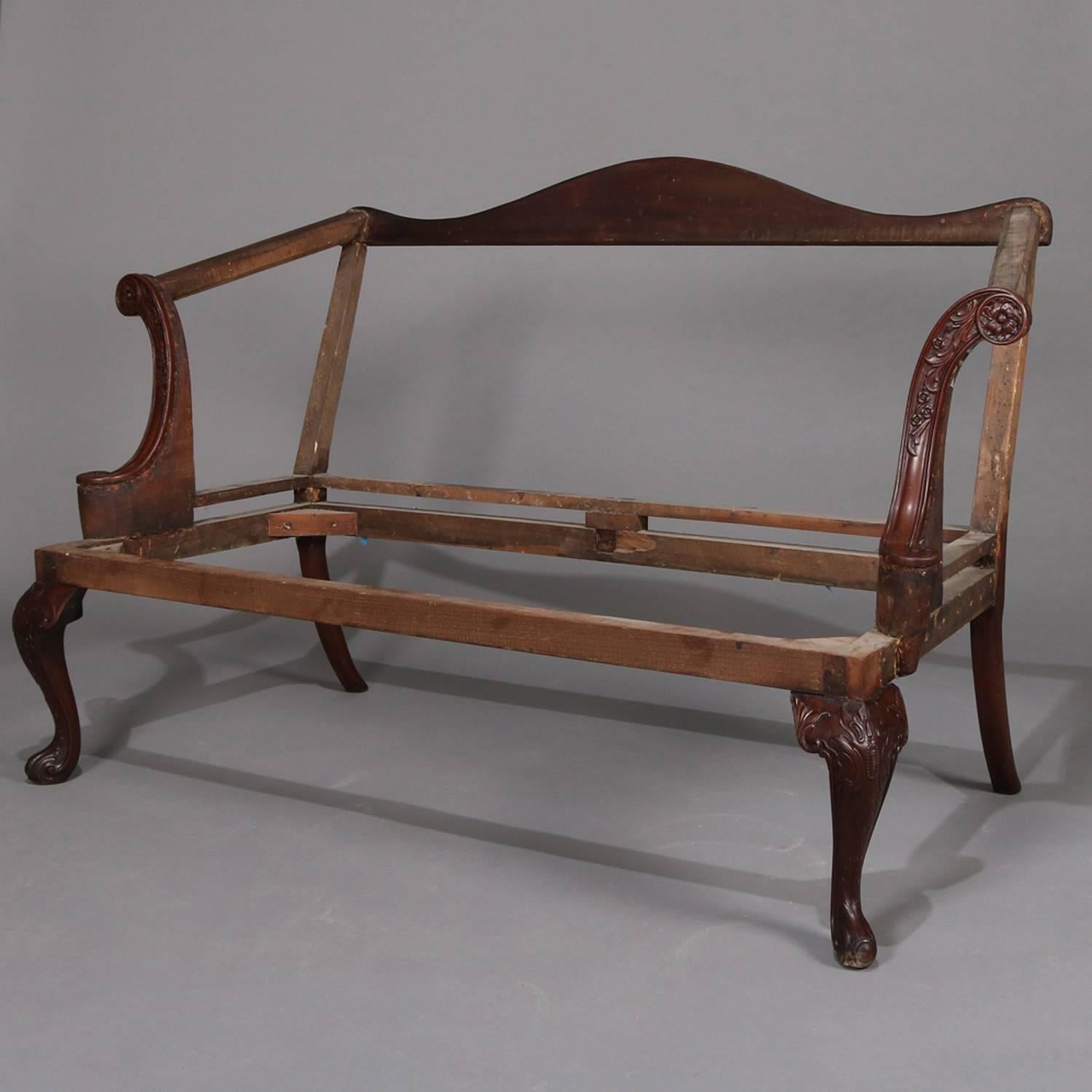English Floral & Foliate Carved Mahogany Queen Anne Settee Frame, circa 1820 5
