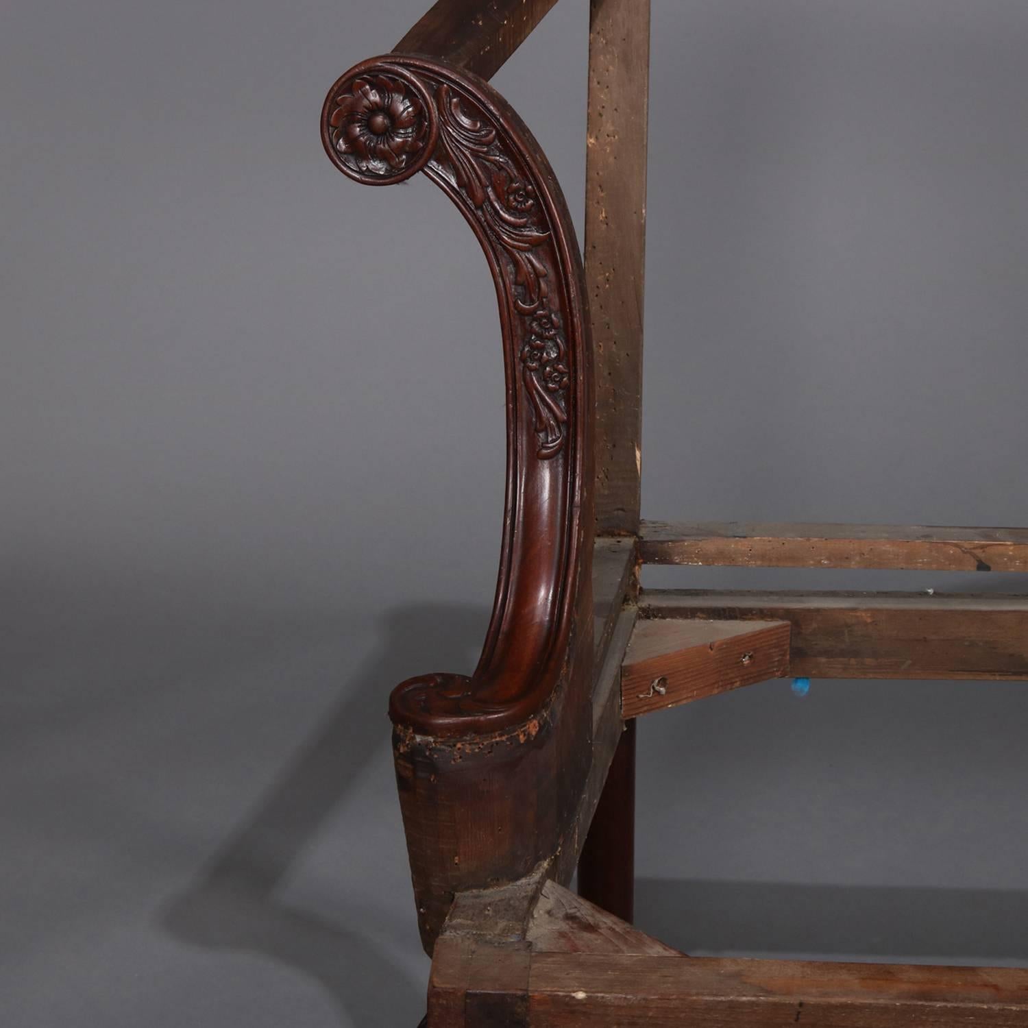 Hand-Carved English Floral & Foliate Carved Mahogany Queen Anne Settee Frame, circa 1820