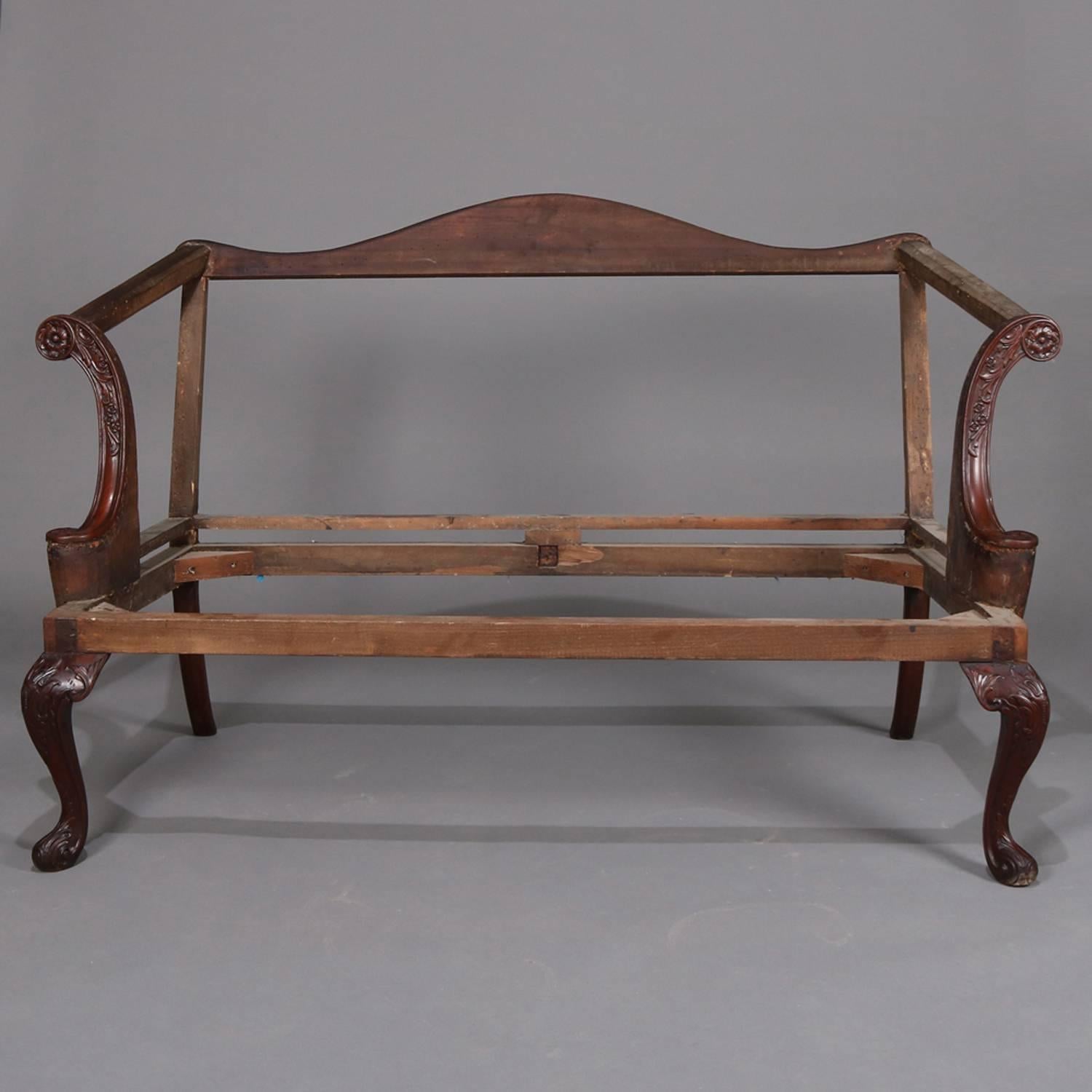 19th Century English Floral & Foliate Carved Mahogany Queen Anne Settee Frame, circa 1820