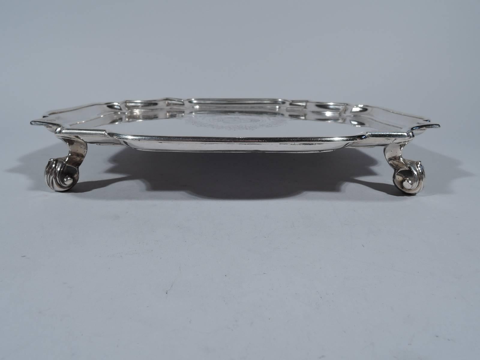 Early English Georgian Sterling Silver Cartouche Salver Tray In Excellent Condition In New York, NY