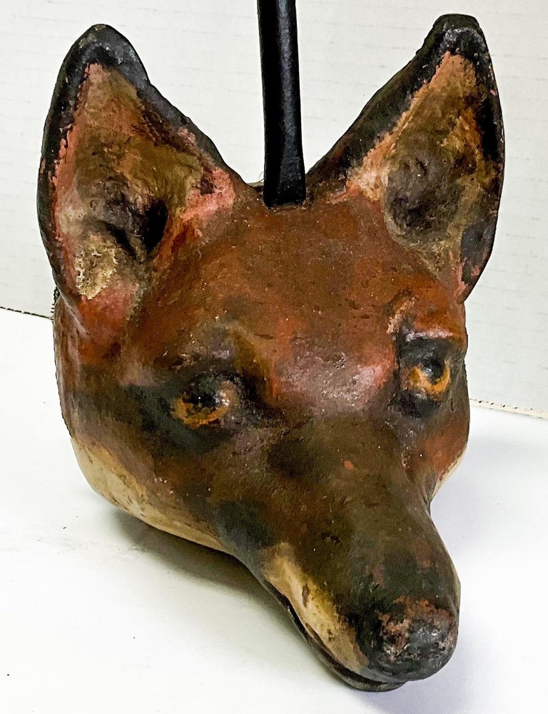 Early English Hunt and Dog / Hound Cast Iron Painted Fox Form Doorstop